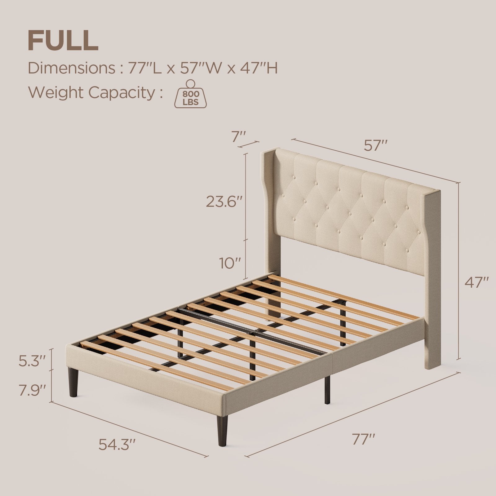 Full Size Bed Frame with Plush Button Tufted Headboard, Under Bed Storage & Silent Slats - No Box Spring Needed, Beige