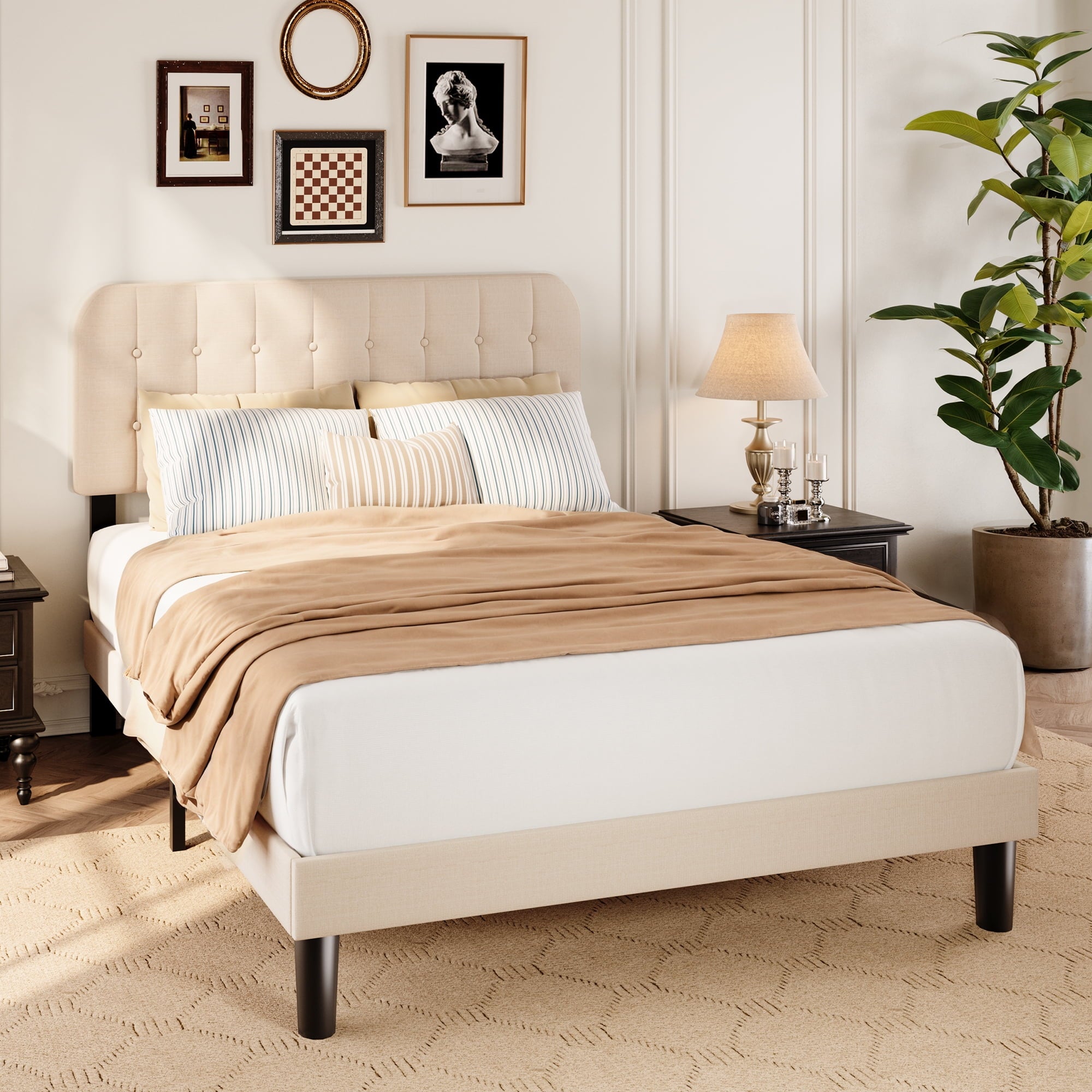 Queen Upholstered Platform Bed Frame with Headboard - Modern Bedroom Furniture with Sturdy Wooden Slats, Quiet & Noise Free, No Box Spring Needed, Beige