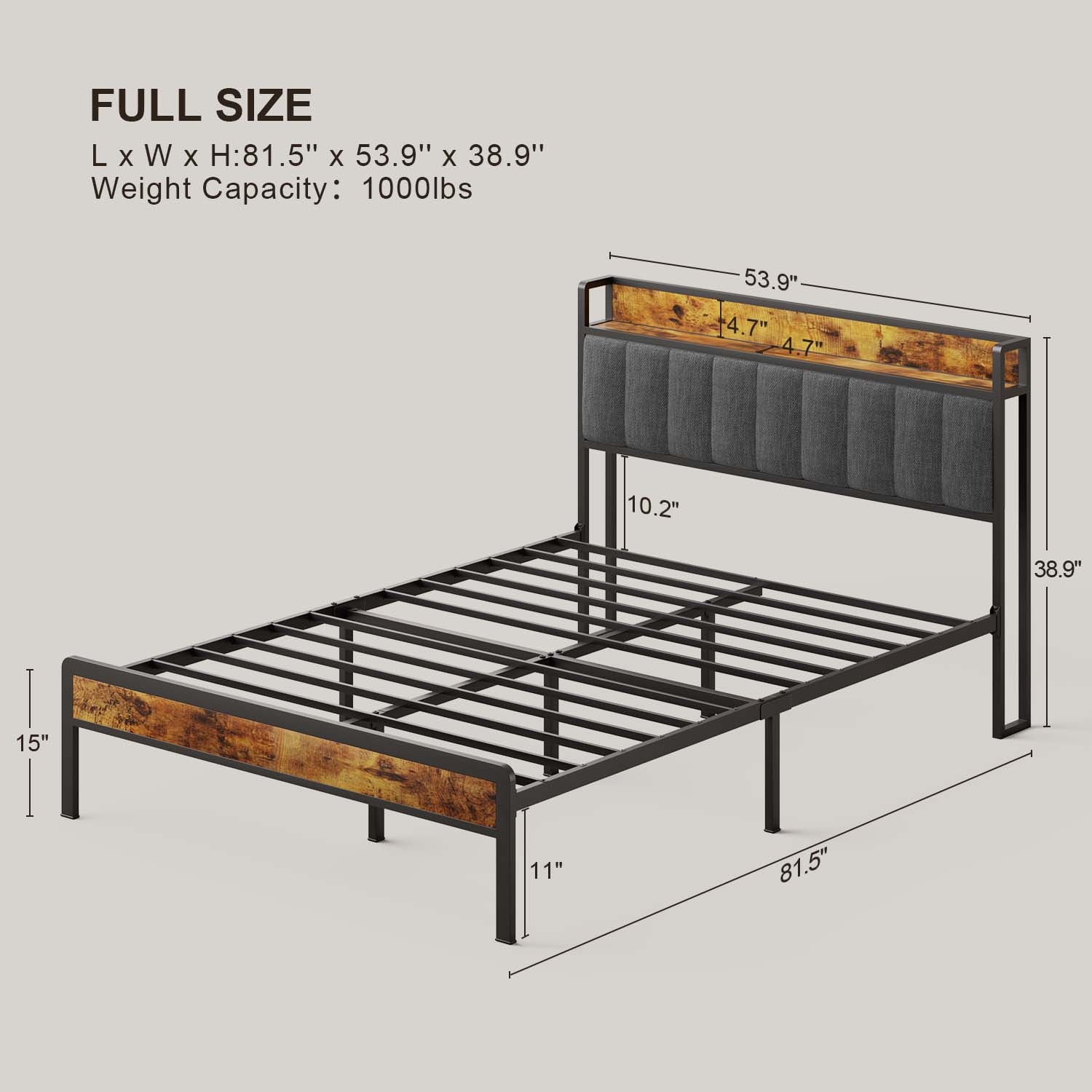 Metal Platform Bed Frame with Storage Headboard – Max Underbed Space, Easy Assembly