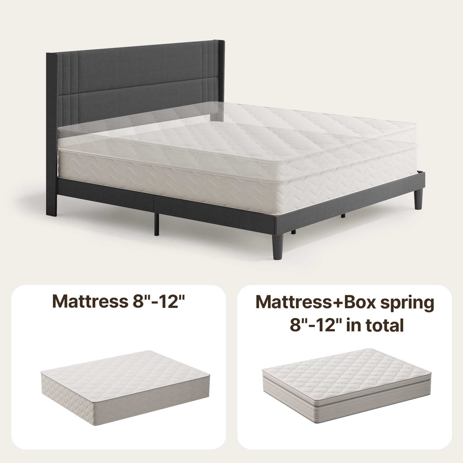 Aiho Wingback Bed Frame - King Platform Bed with Storage & Upholstered Headboard, Dark Grey