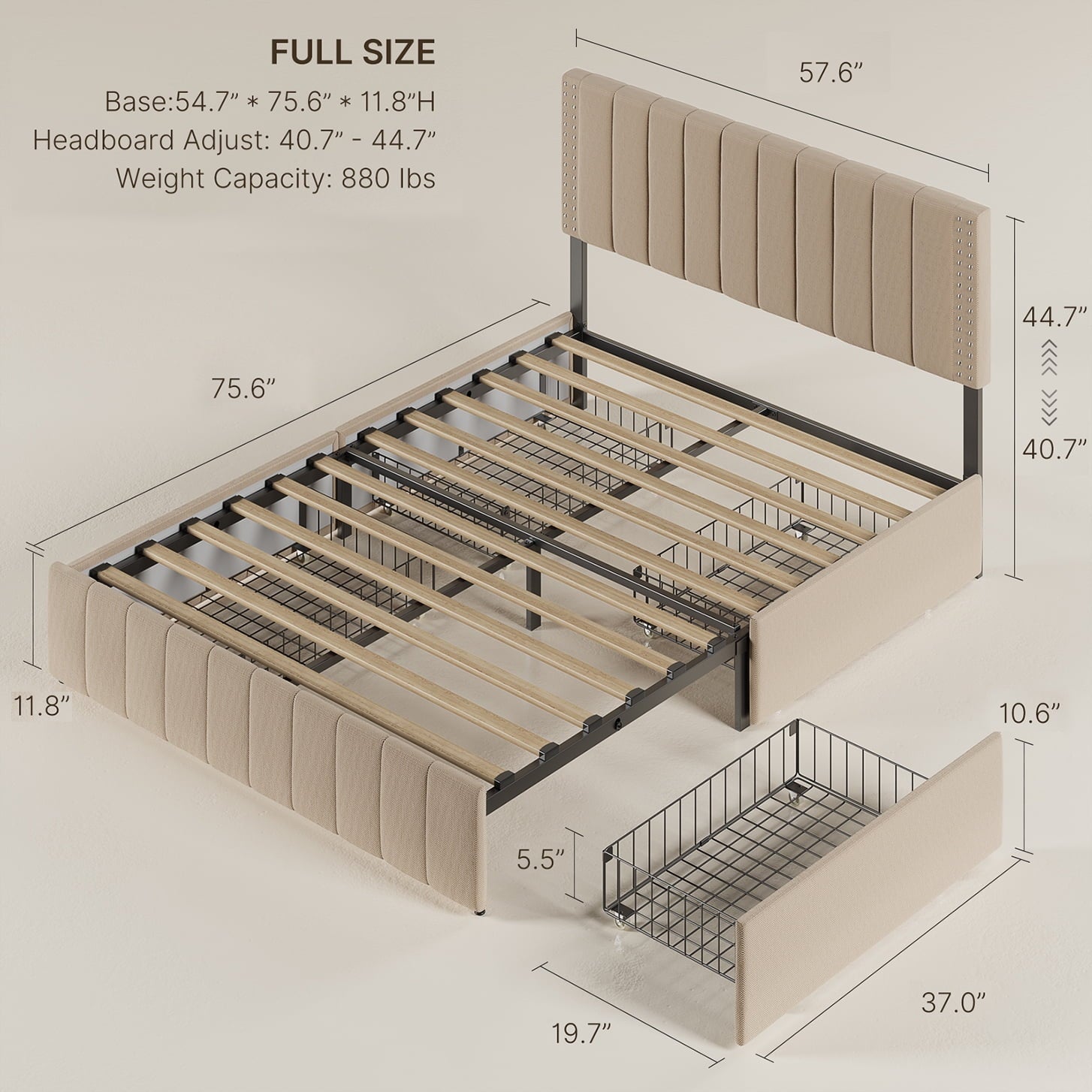 Aiho Bed Frame Full with 4 Storage Drawers for Bedroom, Beige