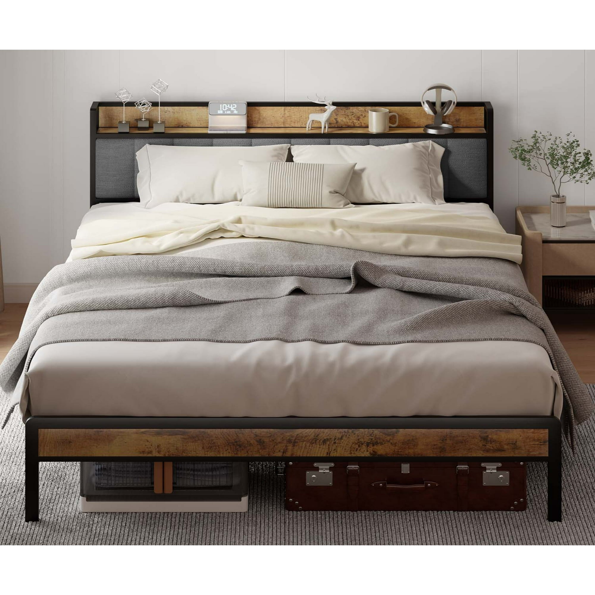 Aiho Queen Bed Frame with Storage Headboard, Metal Platform Bed for Adult