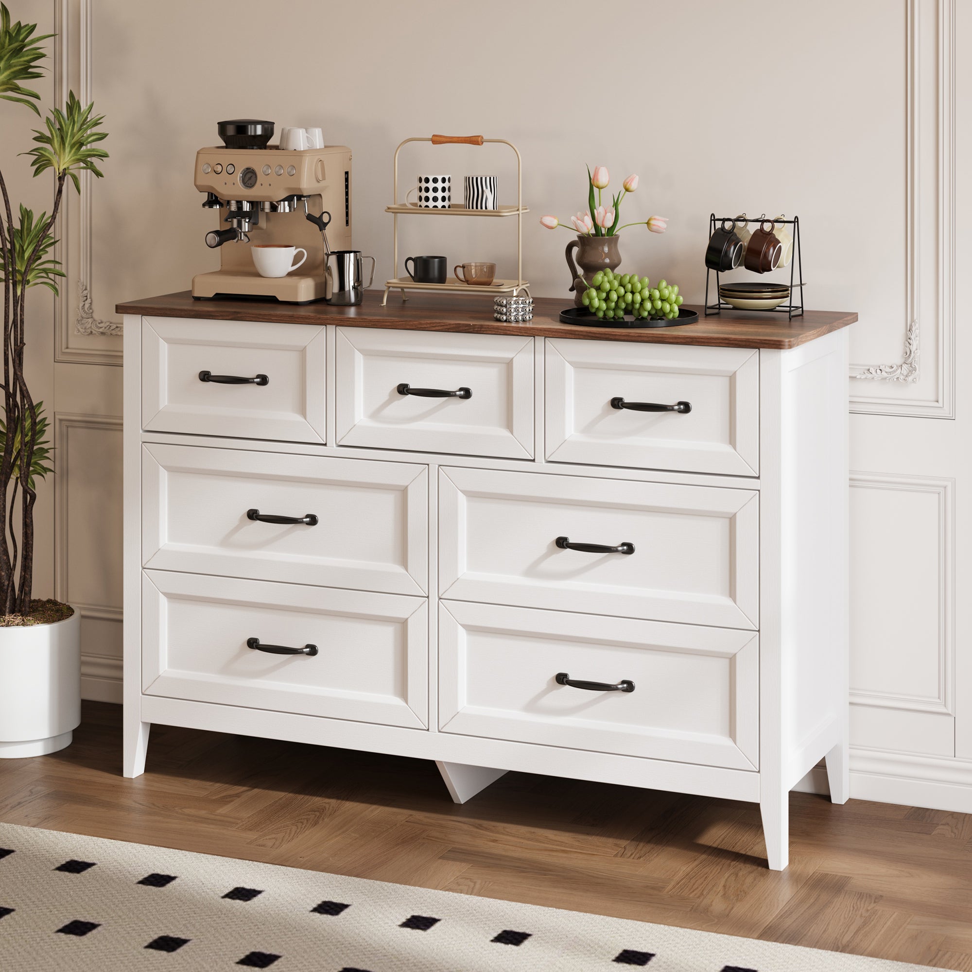 Aiho Farmhouse Dresser for Bedroom, 47.2" Wide 7 Drawer Dresser Storage Organizer, Wood Chest of Drawers for Bedroom, TV Stand for 50 inch TV, for Living Room, Hallway
