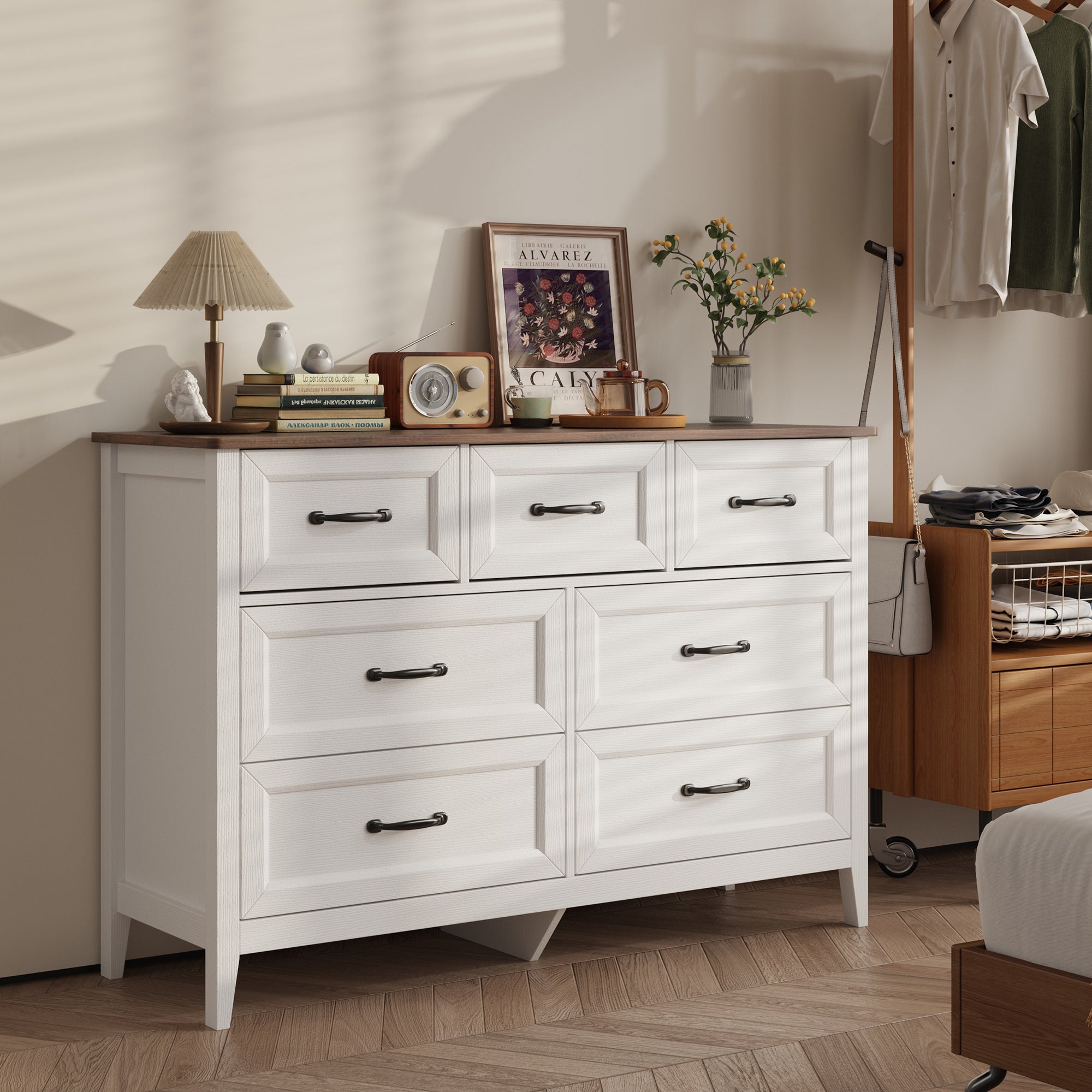 Aiho Farmhouse Dresser for Bedroom, 47.2" Wide 7 Drawer Dresser Storage Organizer, Wood Chest of Drawers for Bedroom, TV Stand for 50 inch TV, for Living Room, Hallway