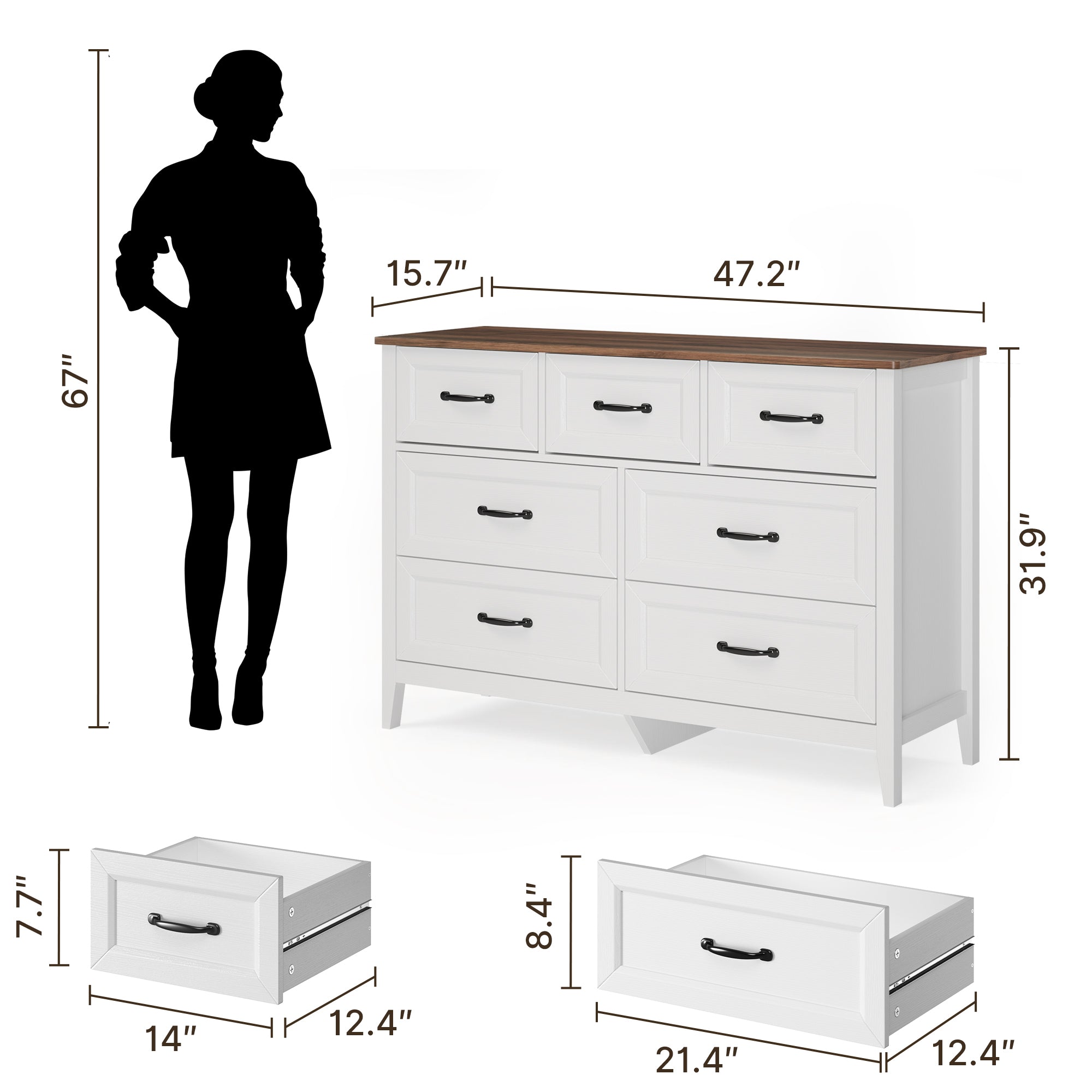 Aiho Farmhouse Dresser for Bedroom, 47.2" Wide 7 Drawer Dresser Storage Organizer, Wood Chest of Drawers for Bedroom, TV Stand for 50 inch TV, for Living Room, Hallway