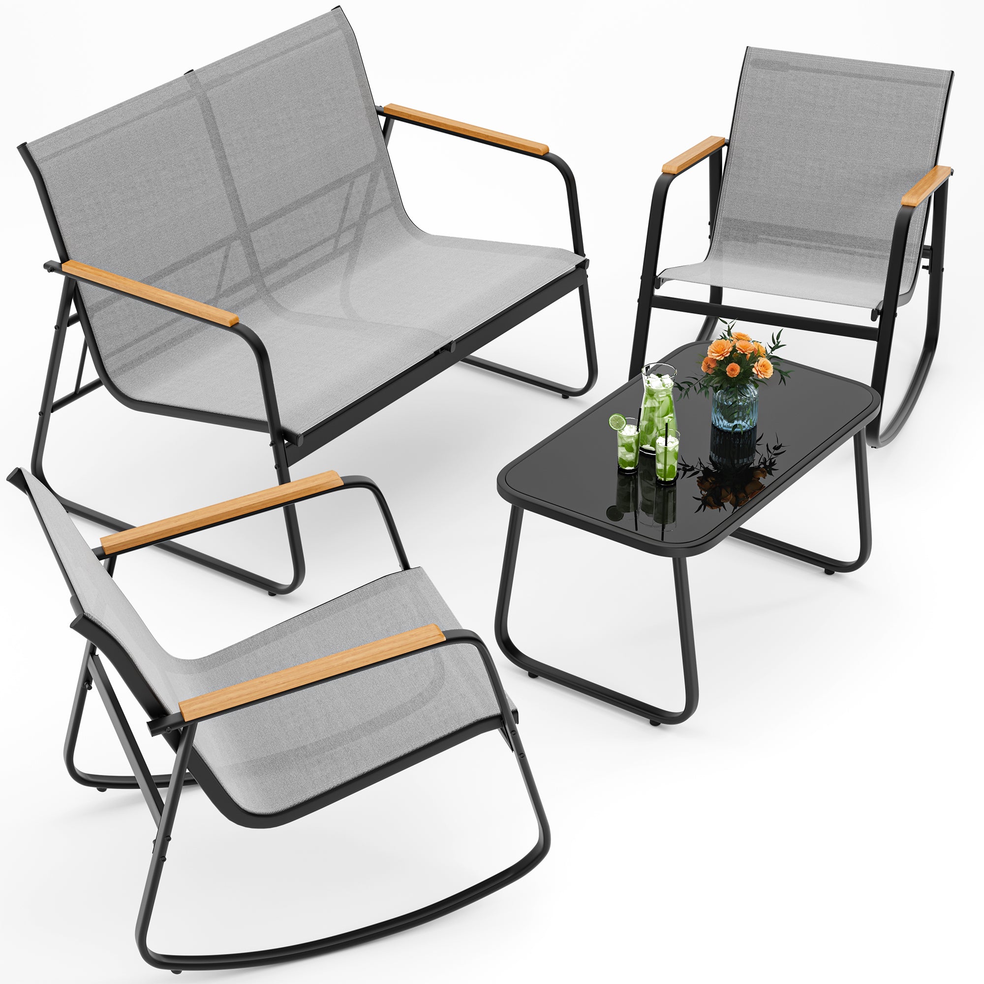 4-Piece Textilene Outdoor Rocking Set w/ Tempered Glass Table - Patio