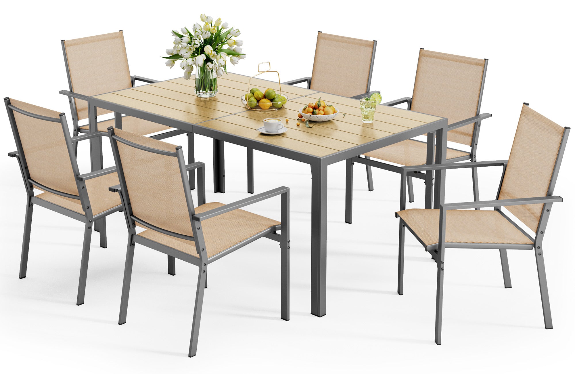 6-Piece Outdoor Dining Set w/59" Rect Table & Textilene Chairs for All Weather