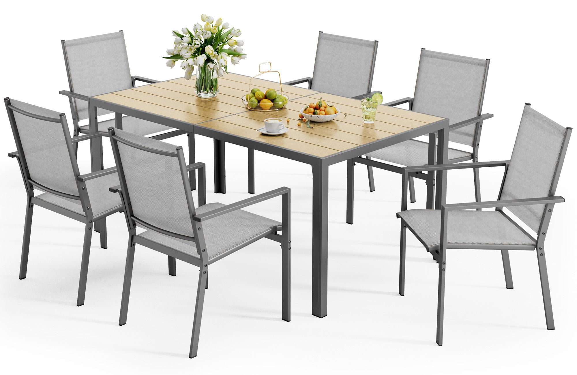 6-Piece Outdoor Dining Set w/59" Rect Table & Textilene Chairs for All Weather