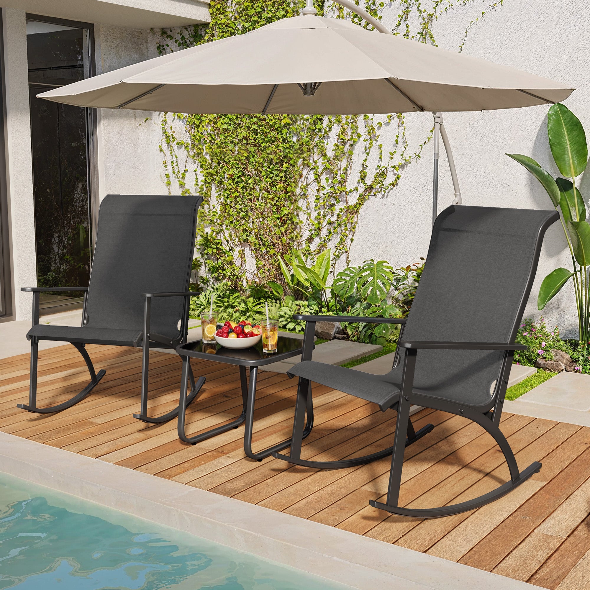 3-Piece Outdoor Rocking Bistro Set w/Textilene Fabric & Glass Table - Balcony