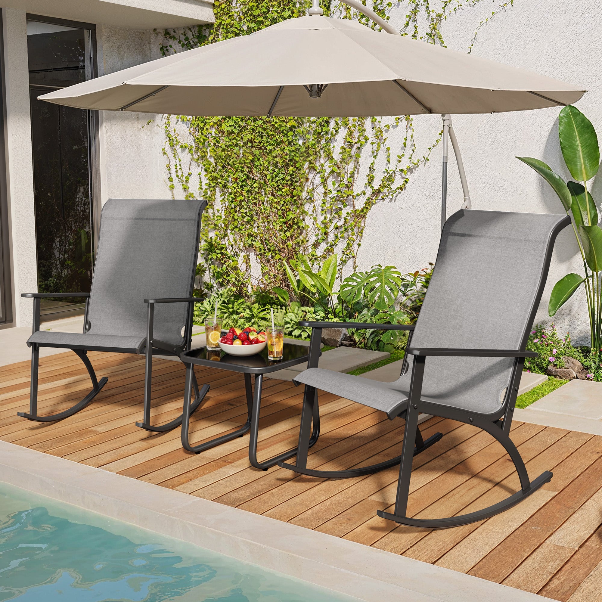 3-Piece Outdoor Rocking Bistro Set w/Textilene Fabric & Glass Table - Balcony