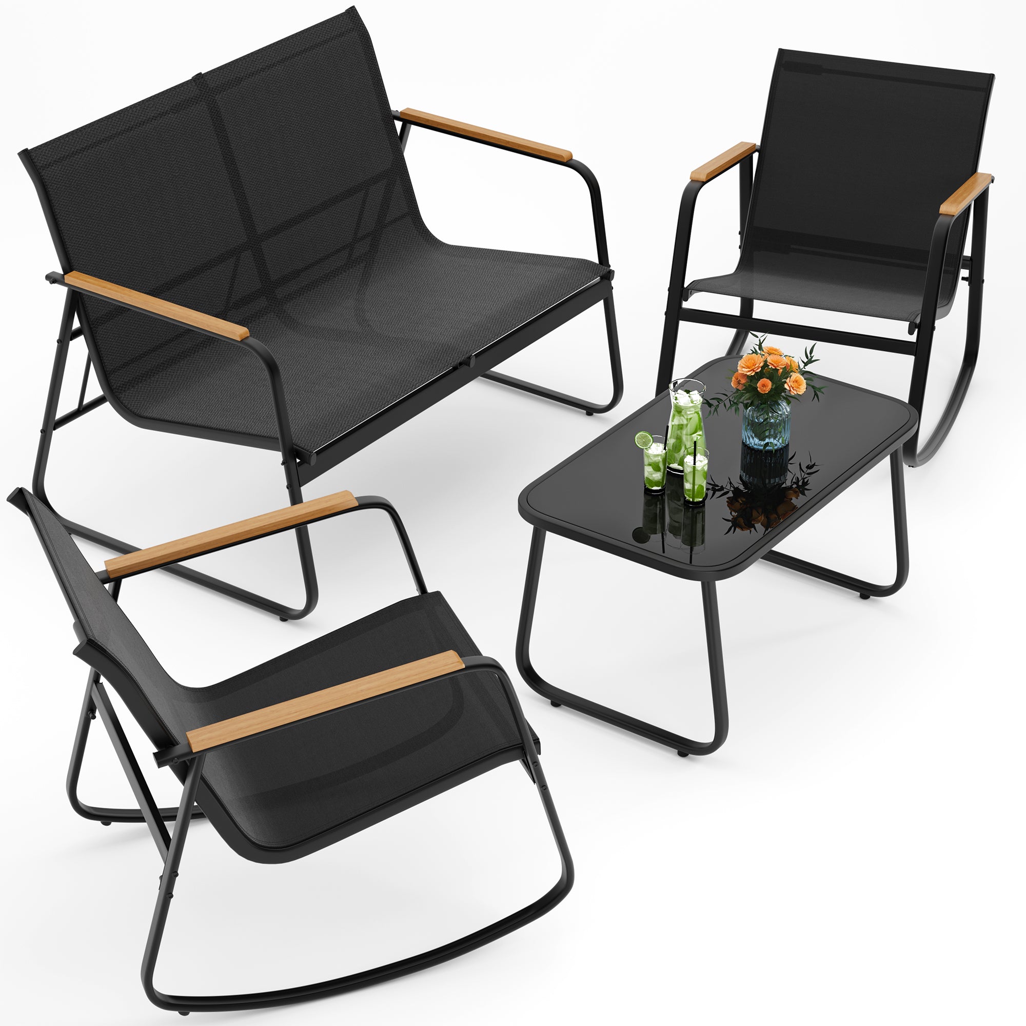 4-Piece Textilene Outdoor Rocking Set w/ Tempered Glass Table - Patio