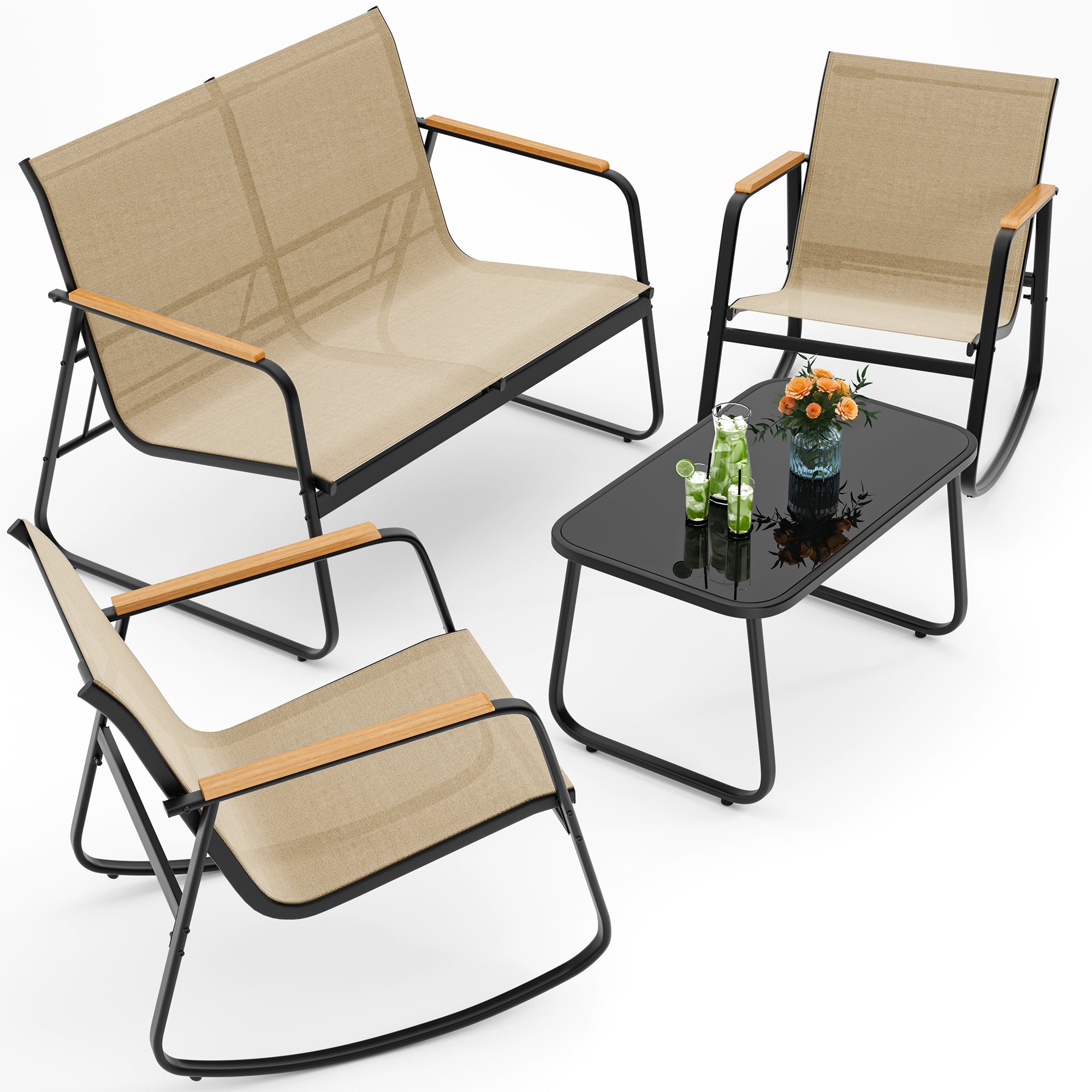 4-Piece Textilene Outdoor Rocking Set w/ Tempered Glass Table - Patio