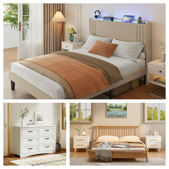 Aiho 4-Piece Bedroom Furniture Collection – Queen Bed Frame, 2 Nightstands & 6-Drawer Double Wide Chest, White
