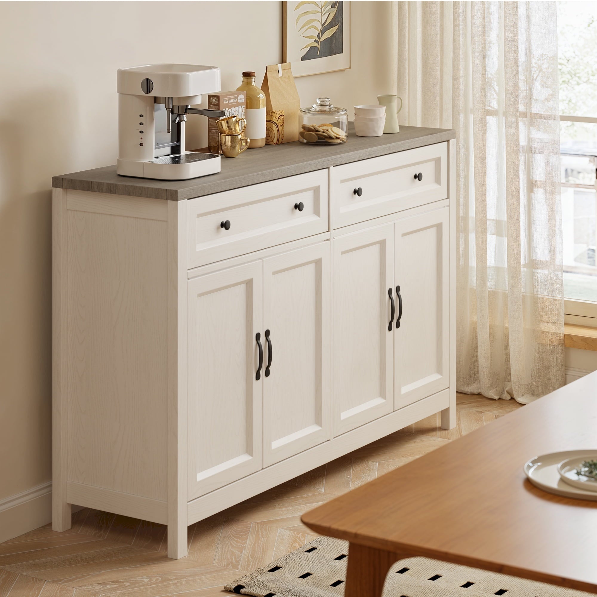 Aiho Farmhouse Kitchen Buffet Cabinet with Storage – 55.1" Rustic Sideboard with Drawers & Doors (White/Gray)