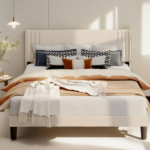 Aiho Full Bed Frame with Wingback Upholstered Headboard, Beige
