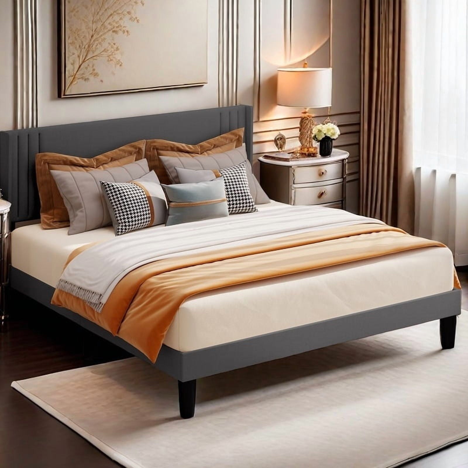 Aiho Full Bed Frame with Wingback Upholstered Headboard, Dark Grey