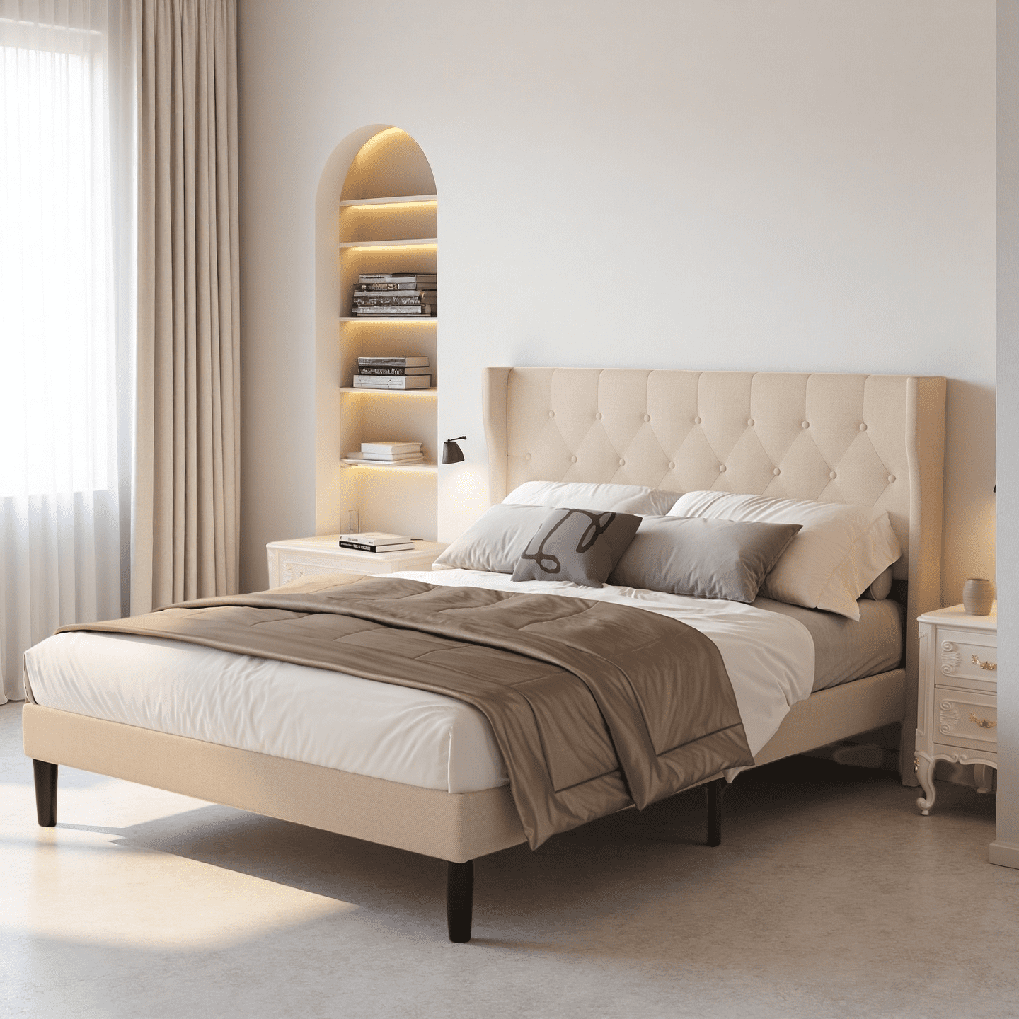 Full Size Bed Frame with Plush Button Tufted Headboard, Under Bed Storage & Silent Slats - No Box Spring Needed, Beige