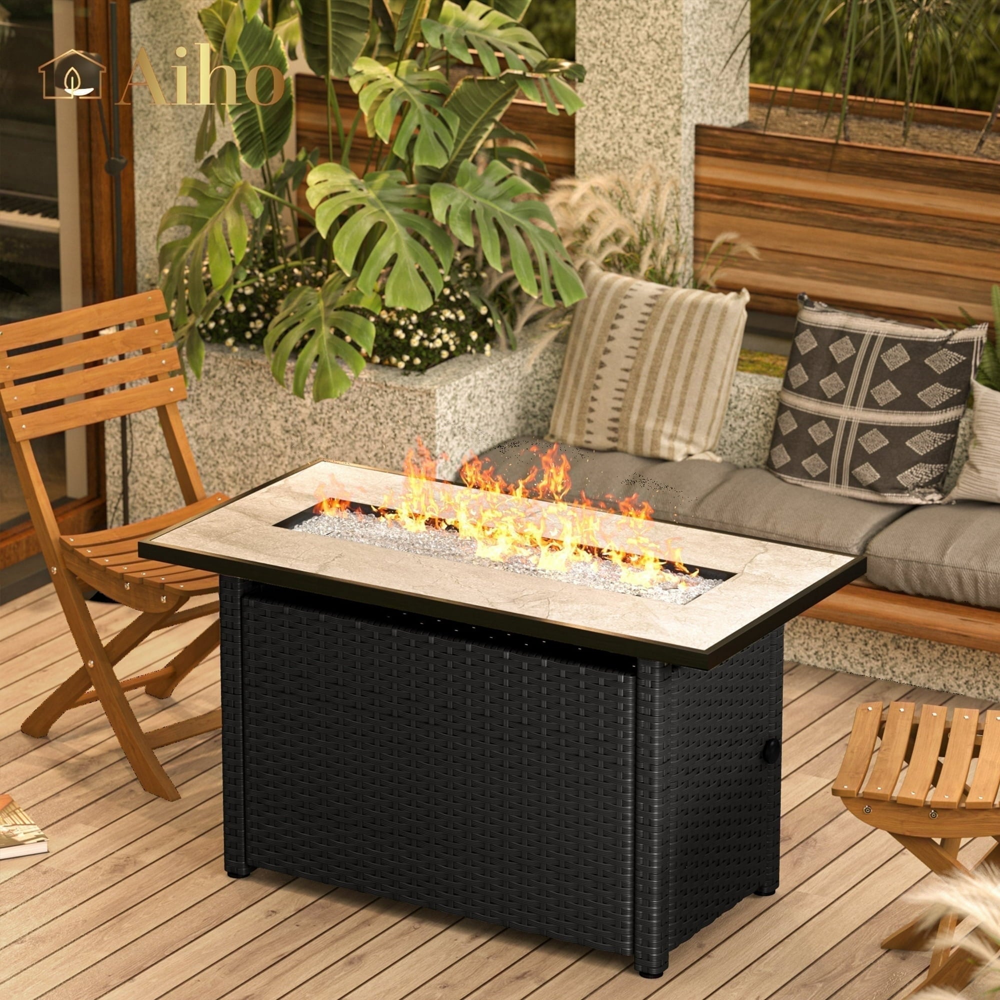 Aiho Outdoor Fire Pit Table, 45" Square 50000 BTU Patio Propane Fire Pit Table with Lava Rocks