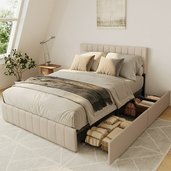 Aiho Queen Bed Frame with 4 Storage Drawers for Bedroom, Beige