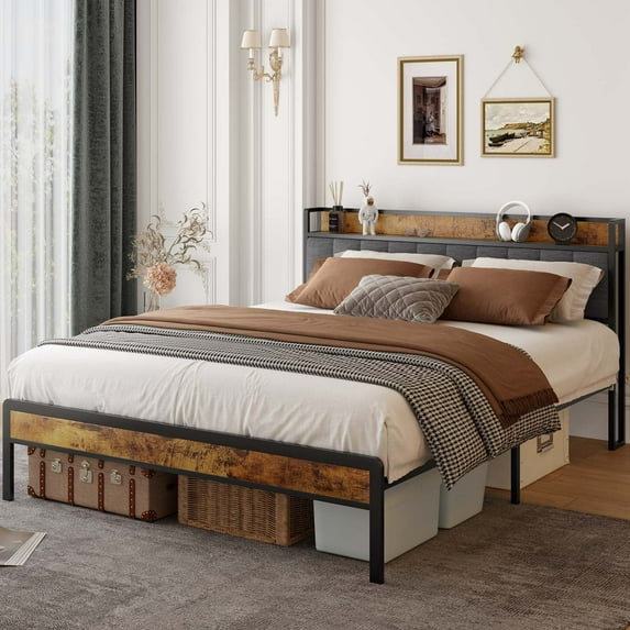 Aiho Queen Bed Frame with Storage Headboard, Metal Platform Bed for Adult