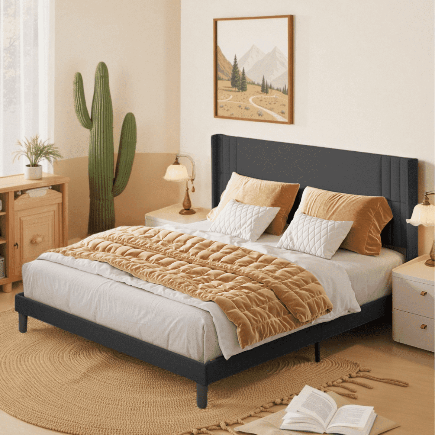 Aiho Wingback Bed Frame - King Platform Bed with Storage & Upholstered Headboard, Dark Grey