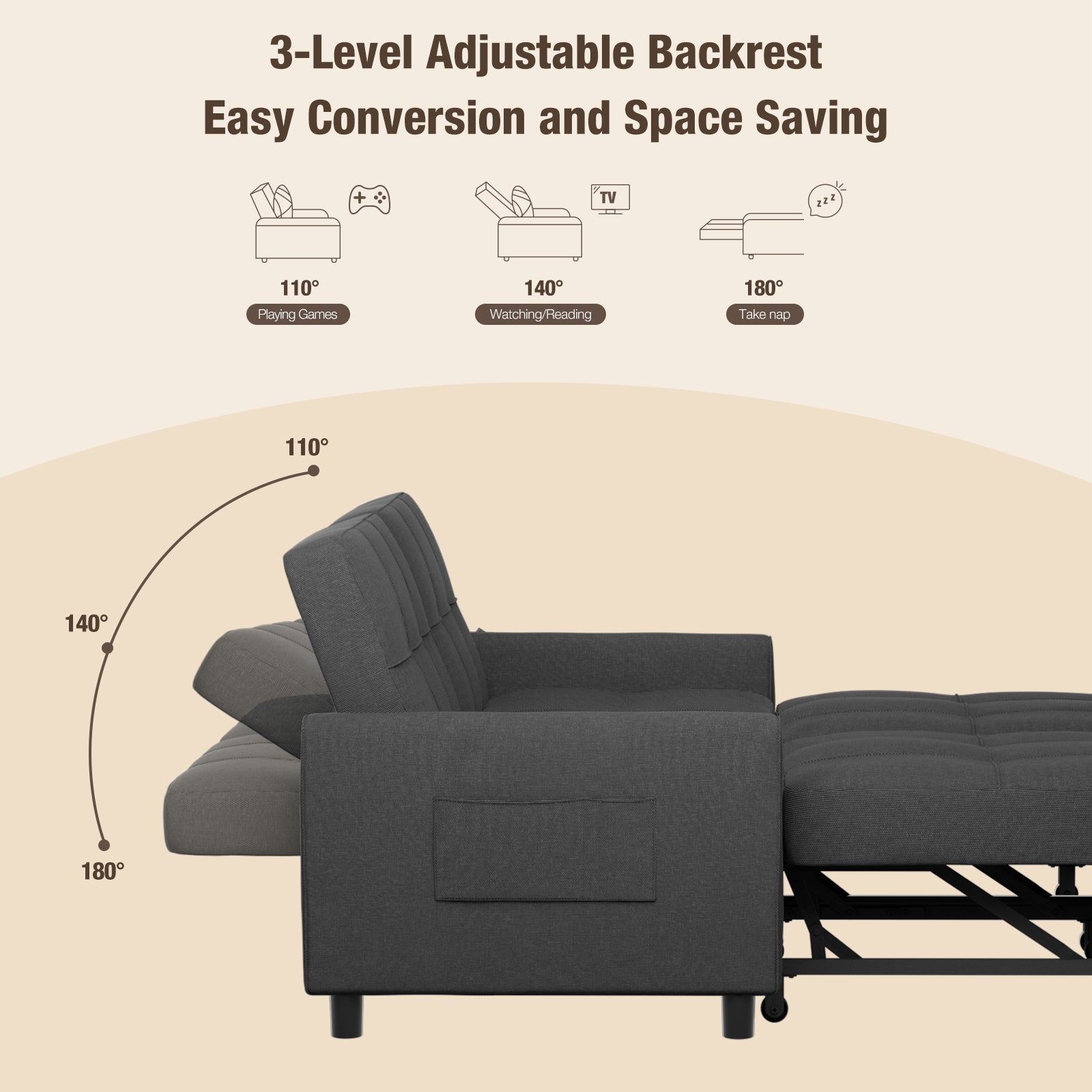 58" Pull Out Modular Couch with Adjustable Backrest
