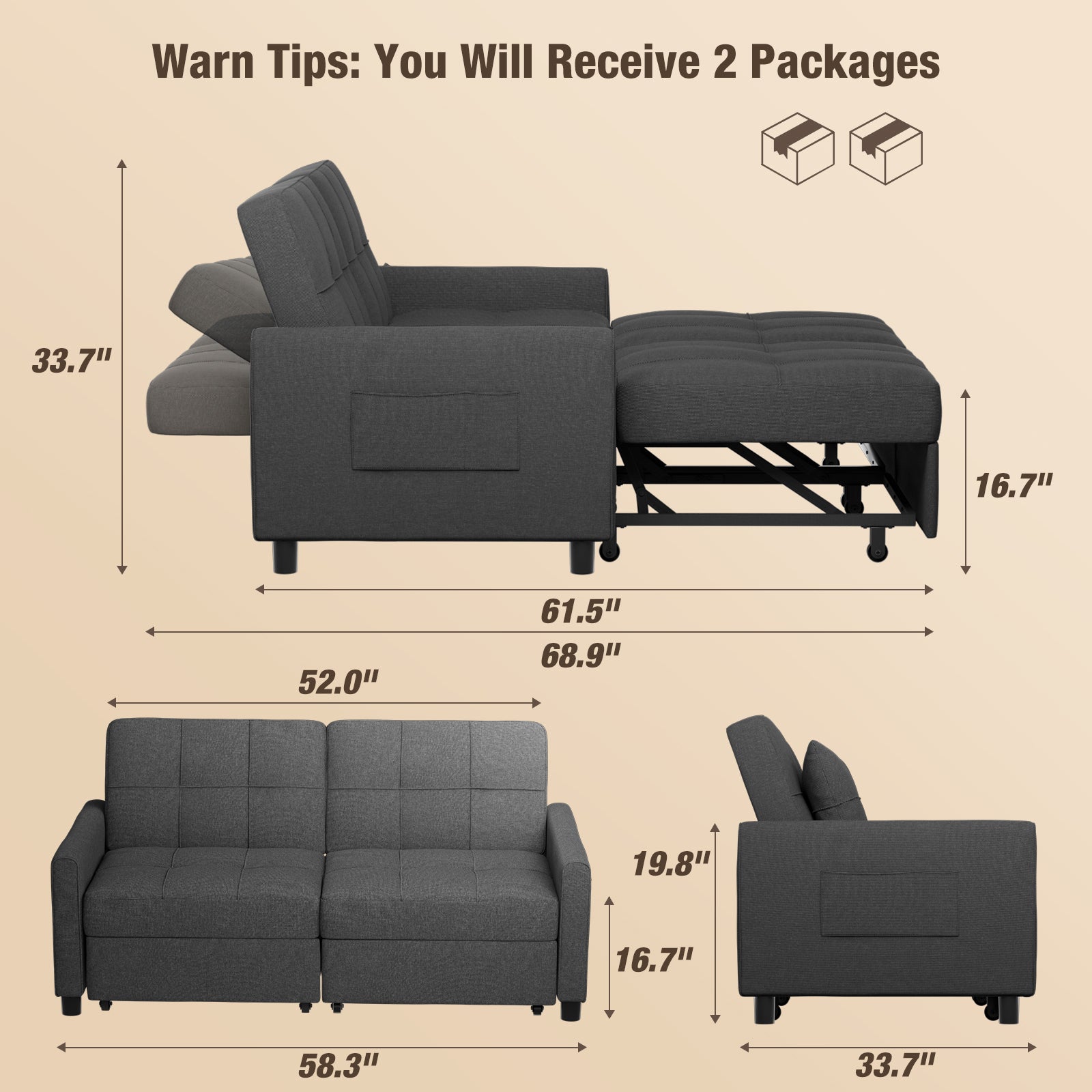 58" Pull Out Modular Couch with Adjustable Backrest