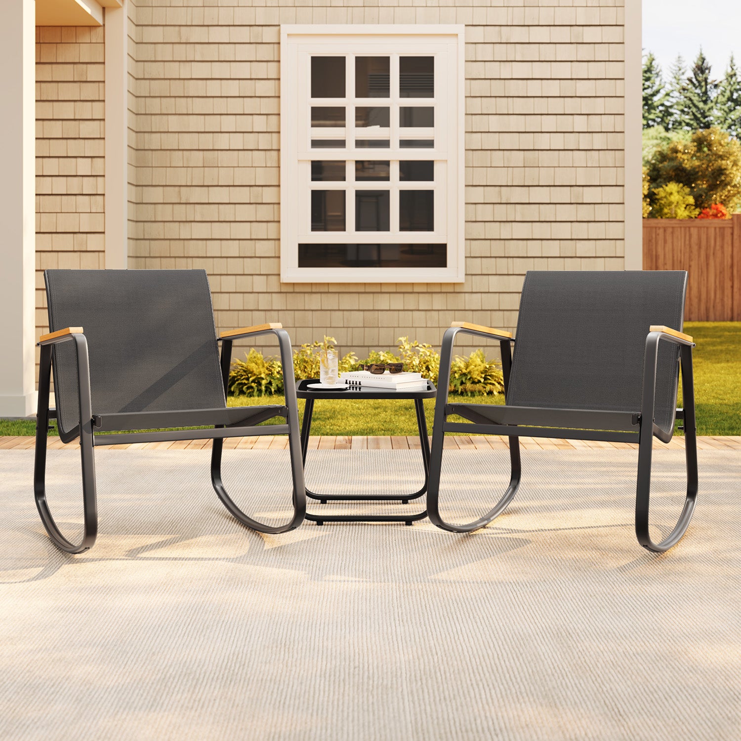 3-Piece Textilene Patio Set w/ Rocking Chairs, Wood Armrests & Glass Table