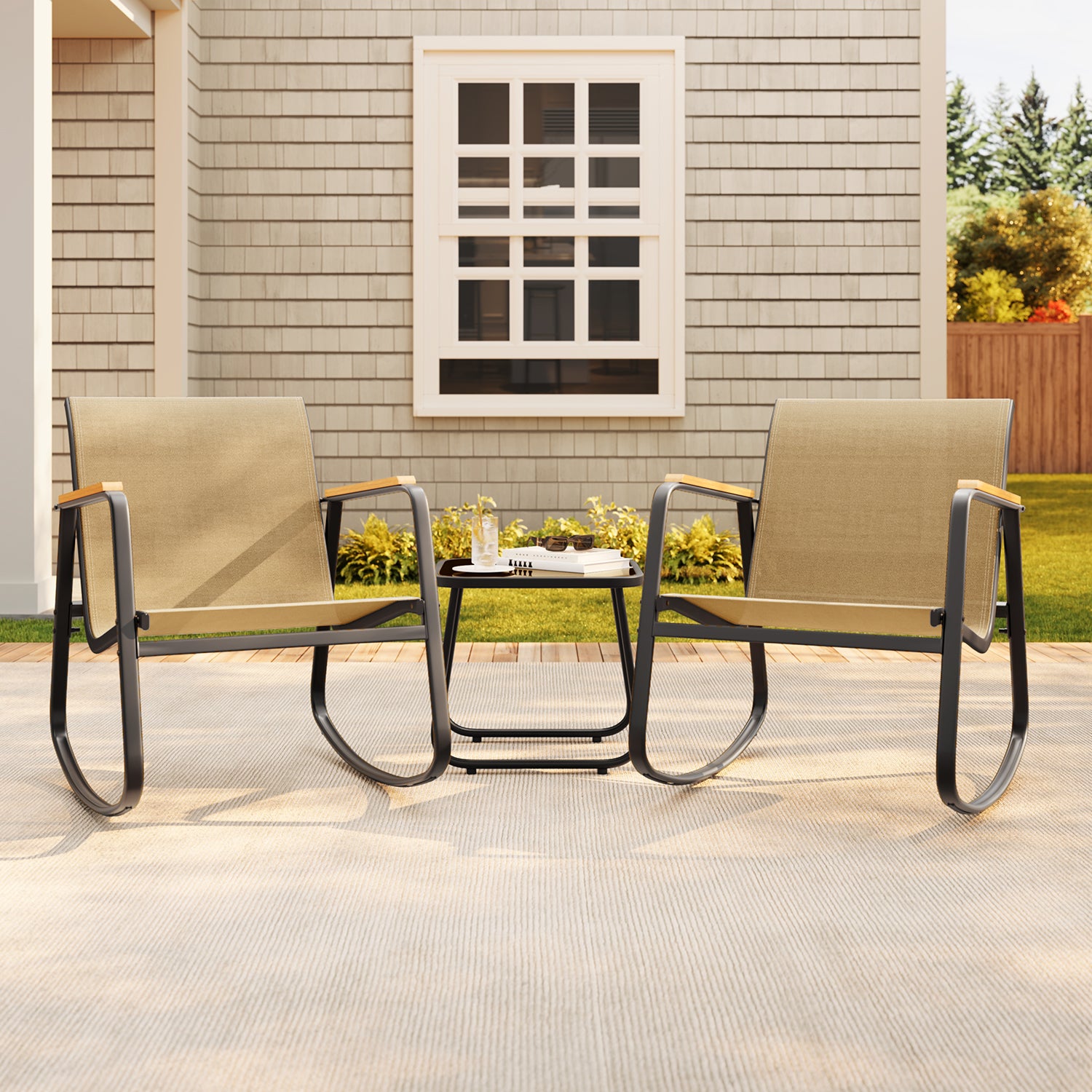 3-Piece Textilene Patio Set w/ Rocking Chairs, Wood Armrests & Glass Table