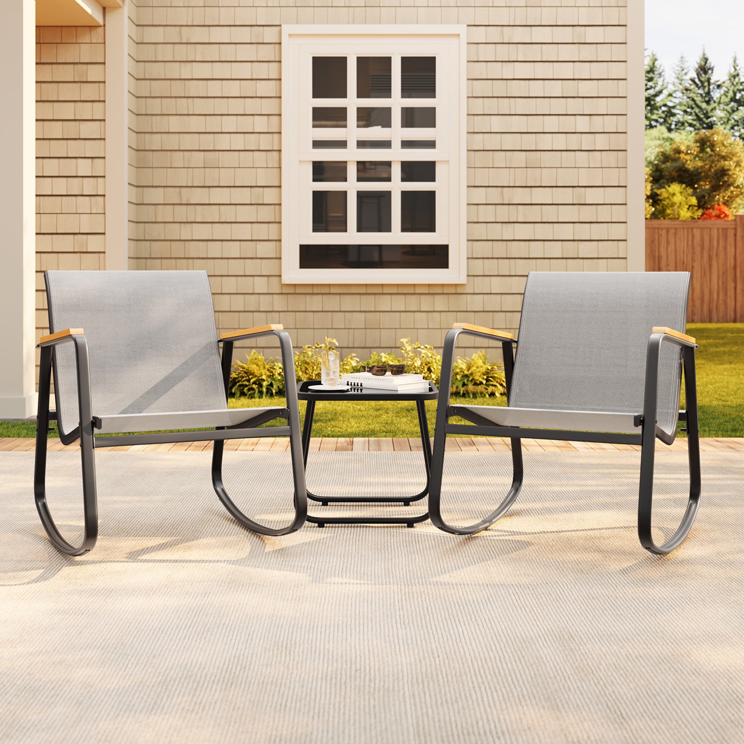 3-Piece Textilene Patio Set w/ Rocking Chairs, Wood Armrests & Glass Table