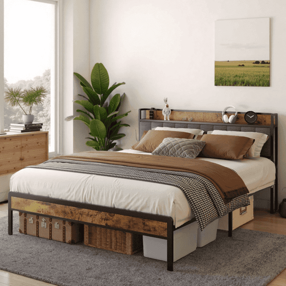 Metal Platform Bed Frame with Storage Headboard – Max Underbed Space, Easy Assembly