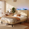 Full Upholstered Platform Bed Frame with Charging Station & LED Lights, Wingback Headboard, Wood Slat Support, Noise-Free, No Box Spring Needed, Beige