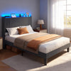 Full Upholstered Platform Bed Frame with Charging Station & LED Lights, Wingback Headboard, Wood Slat Support, Noise-Free, No Box Spring Needed, Dark Gray