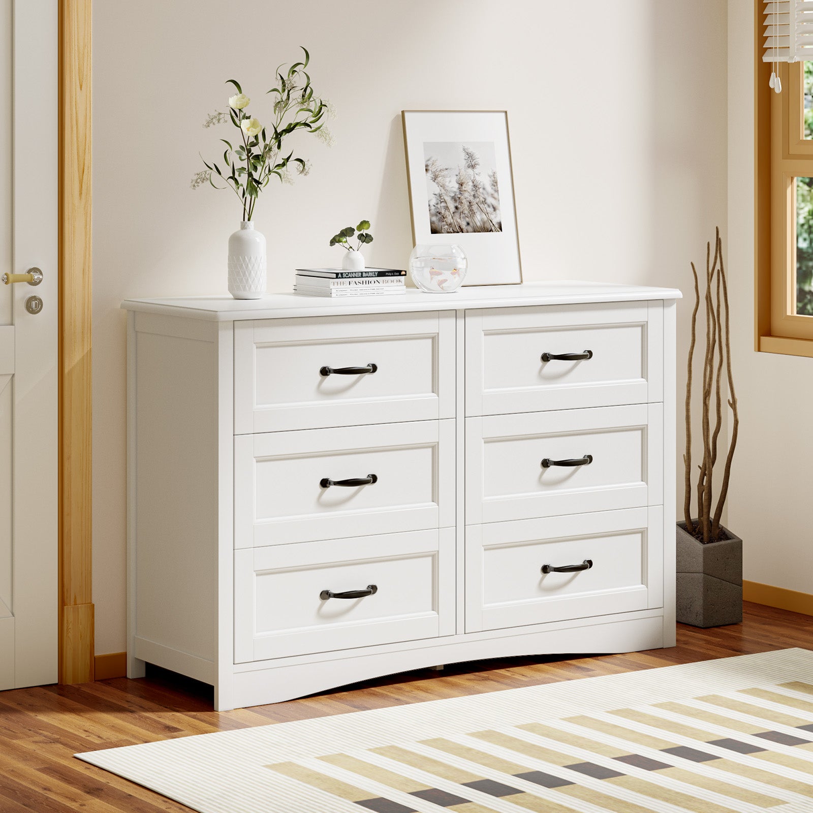 Aiho 6-Drawer Chest of Drawers for Bedroom, Wooden Bedroom Drawer Dresser with 6 Storage Drawers for Bedroom, Living Room, Hallway, Office - White