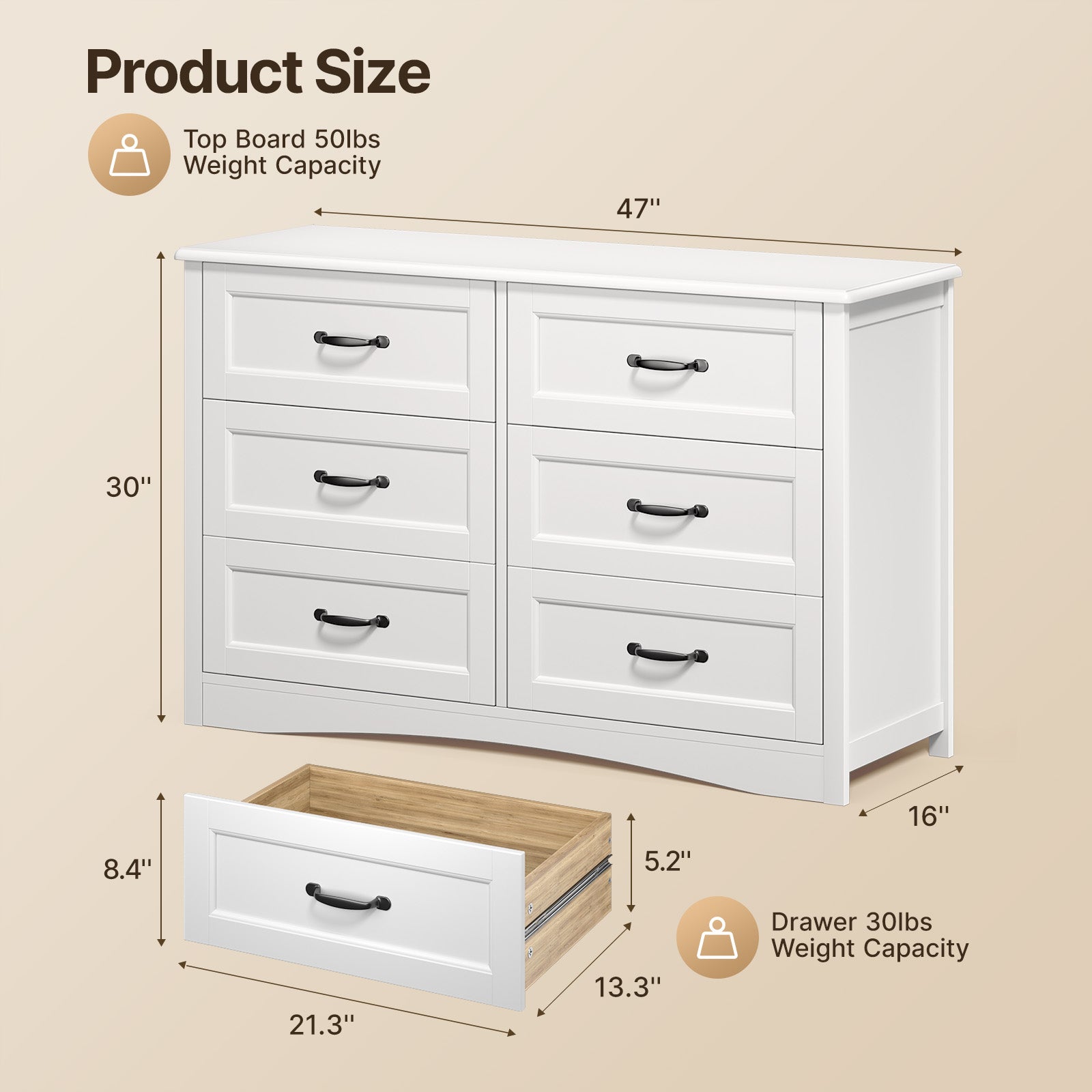 Aiho 6-Drawer Chest of Drawers for Bedroom, Wooden Bedroom Drawer Dresser with 6 Storage Drawers for Bedroom, Living Room, Hallway, Office - White