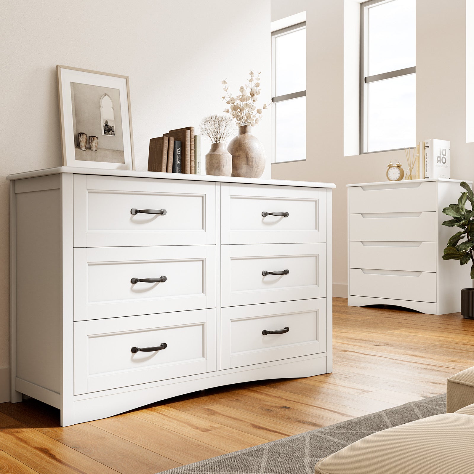Aiho 6-Drawer Chest of Drawers for Bedroom, Wooden Bedroom Drawer Dresser with 6 Storage Drawers for Bedroom, Living Room, Hallway, Office - White