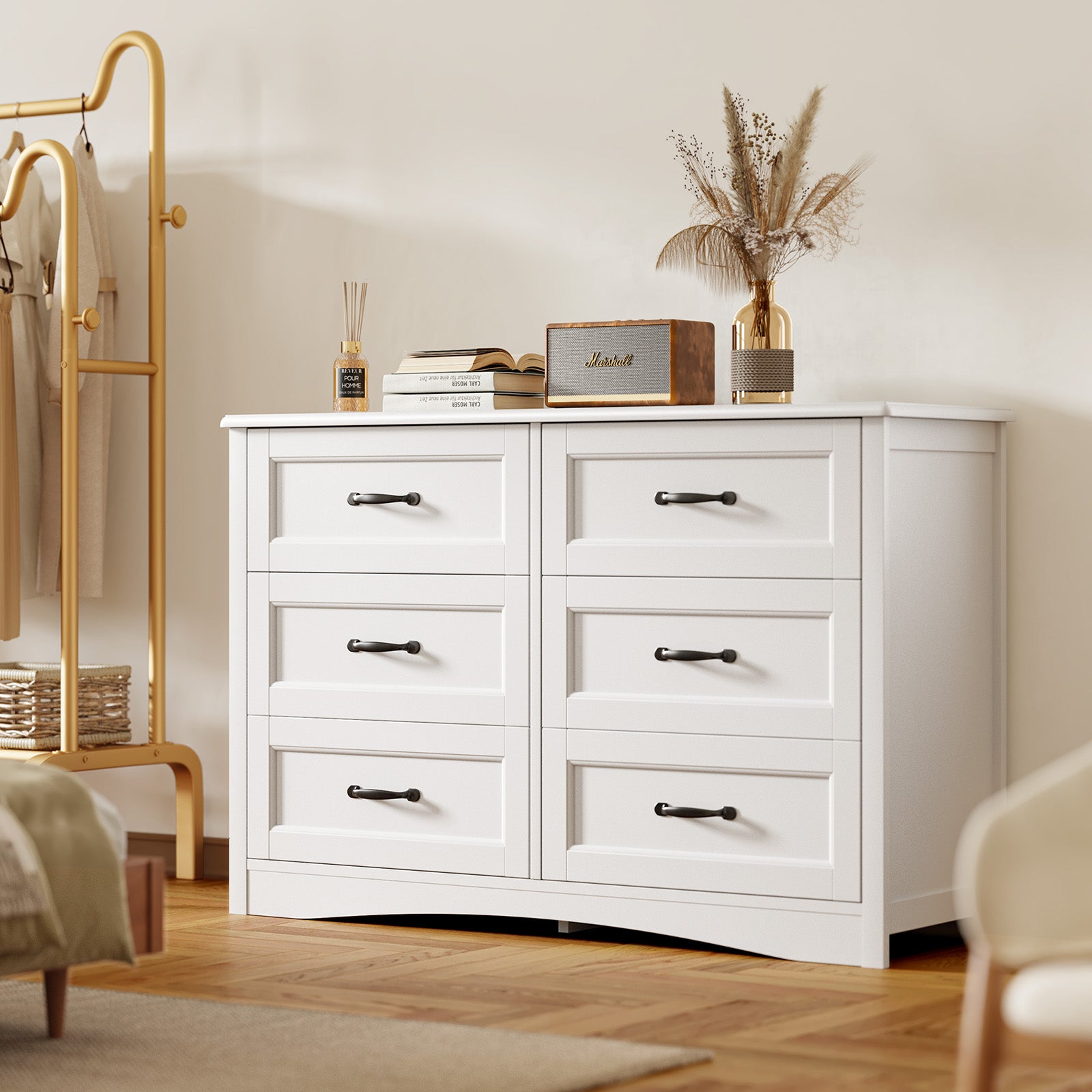 Aiho 6-Drawer Chest of Drawers for Bedroom, Wooden Bedroom Drawer Dresser with 6 Storage Drawers for Bedroom, Living Room, Hallway, Office - White
