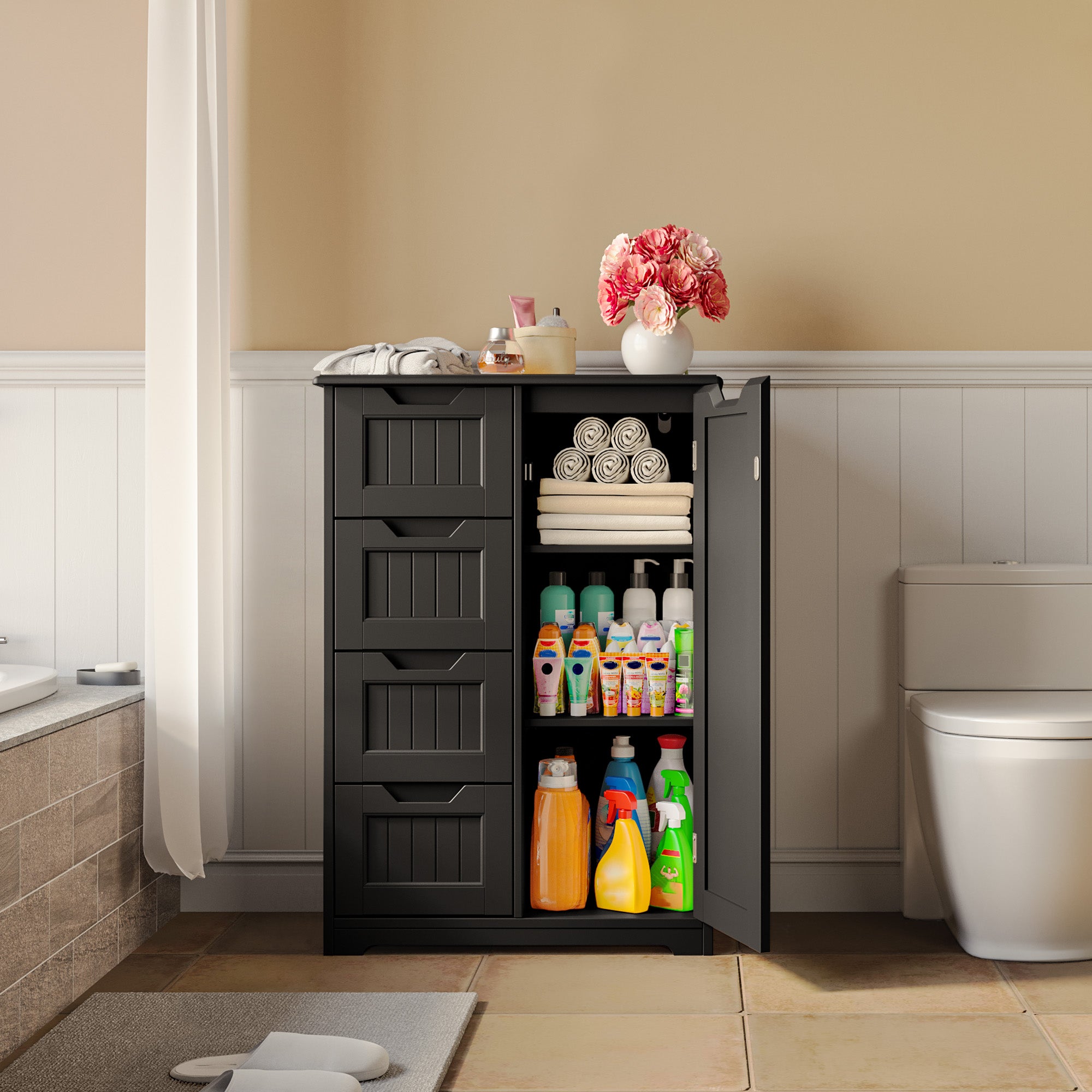 Aiho 33" Freestanding Kitchen Pantry Cabinet with Door, Shelves & 4 Drawers - Wood Storage for Kitchen, Dining Room, Black