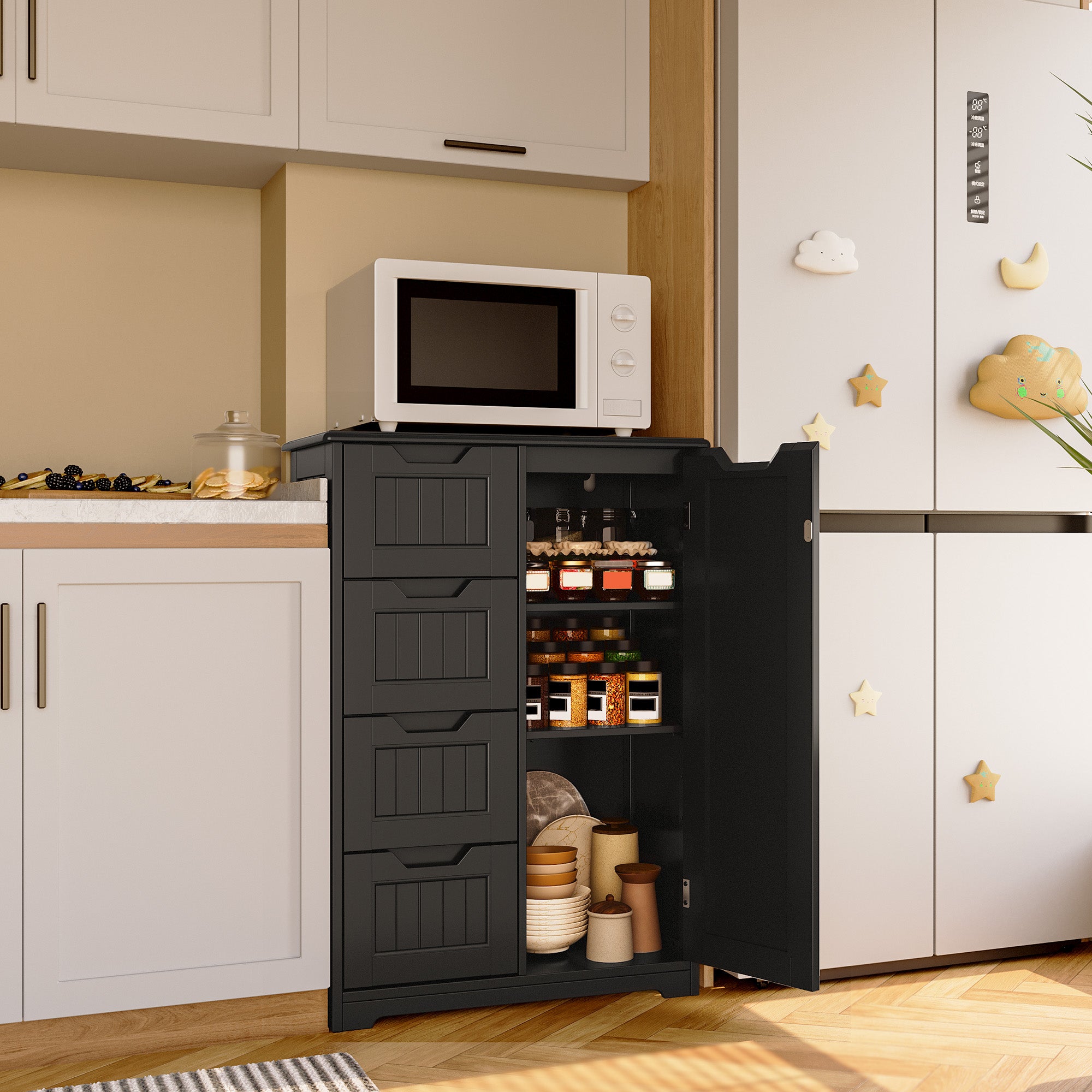 Aiho 33" Freestanding Kitchen Pantry Cabinet with Door, Shelves & 4 Drawers - Wood Storage for Kitchen, Dining Room, Black