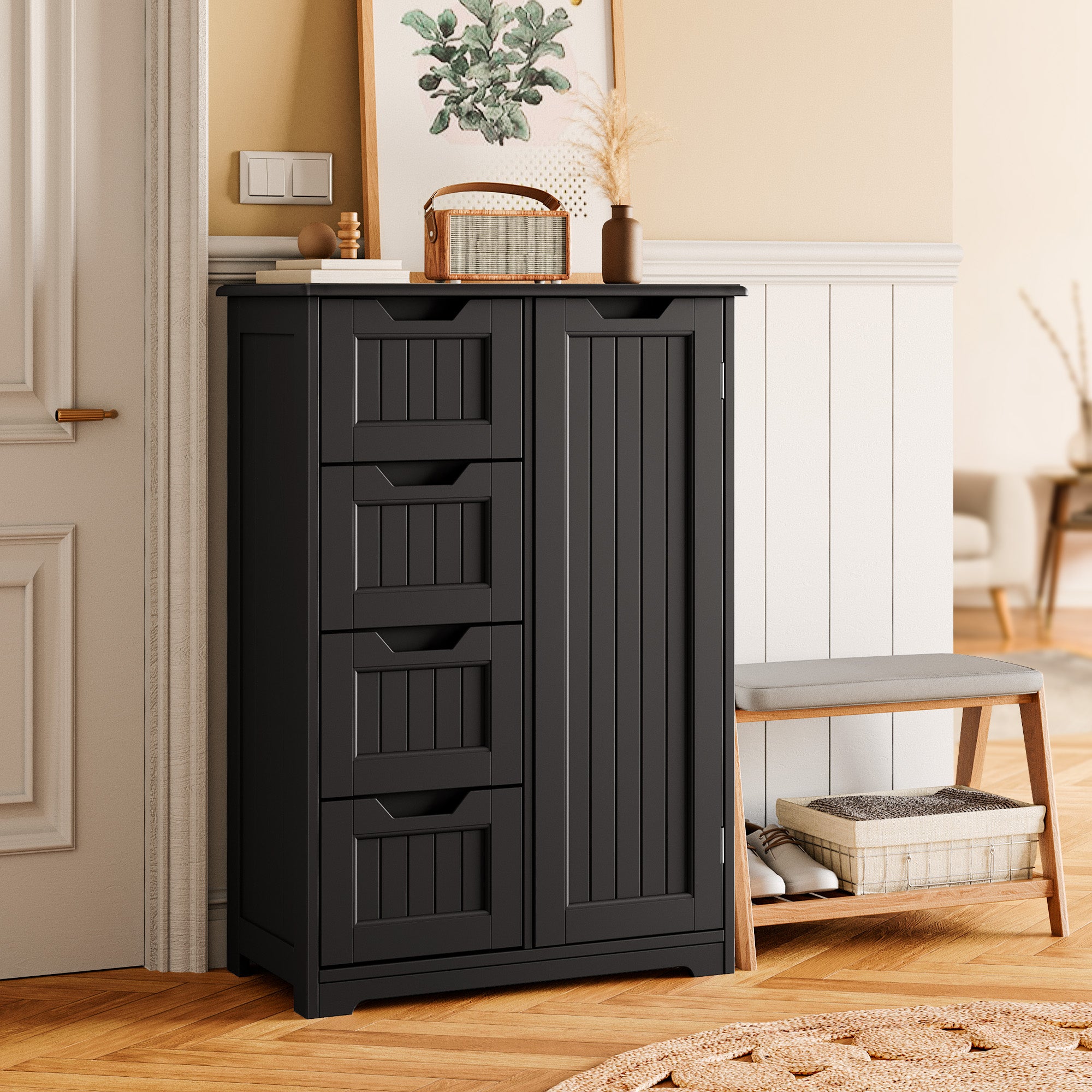 Aiho 33" Freestanding Kitchen Pantry Cabinet with Door, Shelves & 4 Drawers - Wood Storage for Kitchen, Dining Room, Black