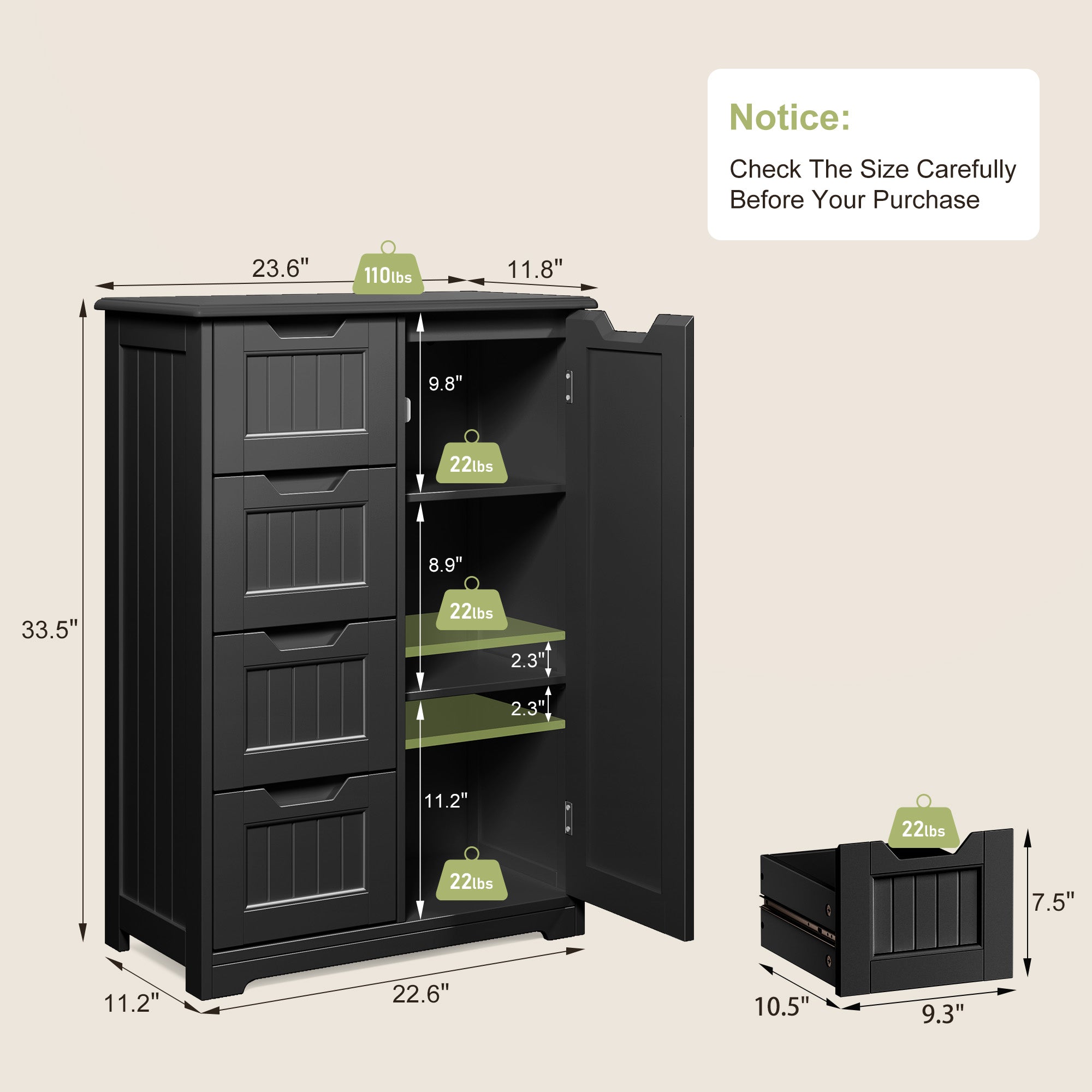 Aiho 33" Freestanding Kitchen Pantry Cabinet with Door, Shelves & 4 Drawers - Wood Storage for Kitchen, Dining Room, Black