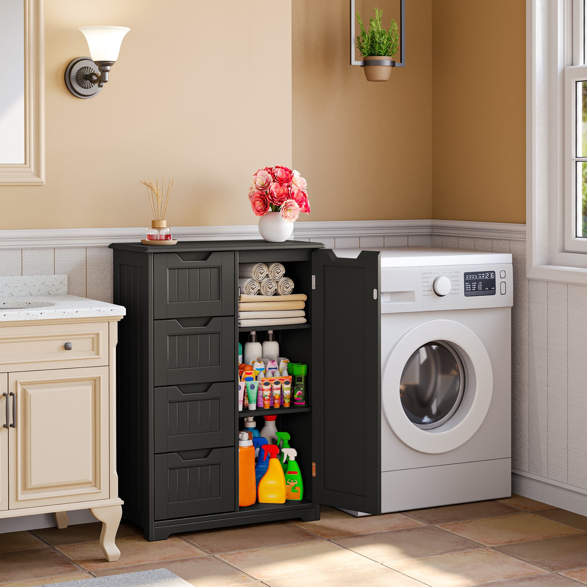 Aiho 33" Freestanding Kitchen Pantry Cabinet with Door, Shelves & 4 Drawers - Wood Storage for Kitchen, Dining Room, Black