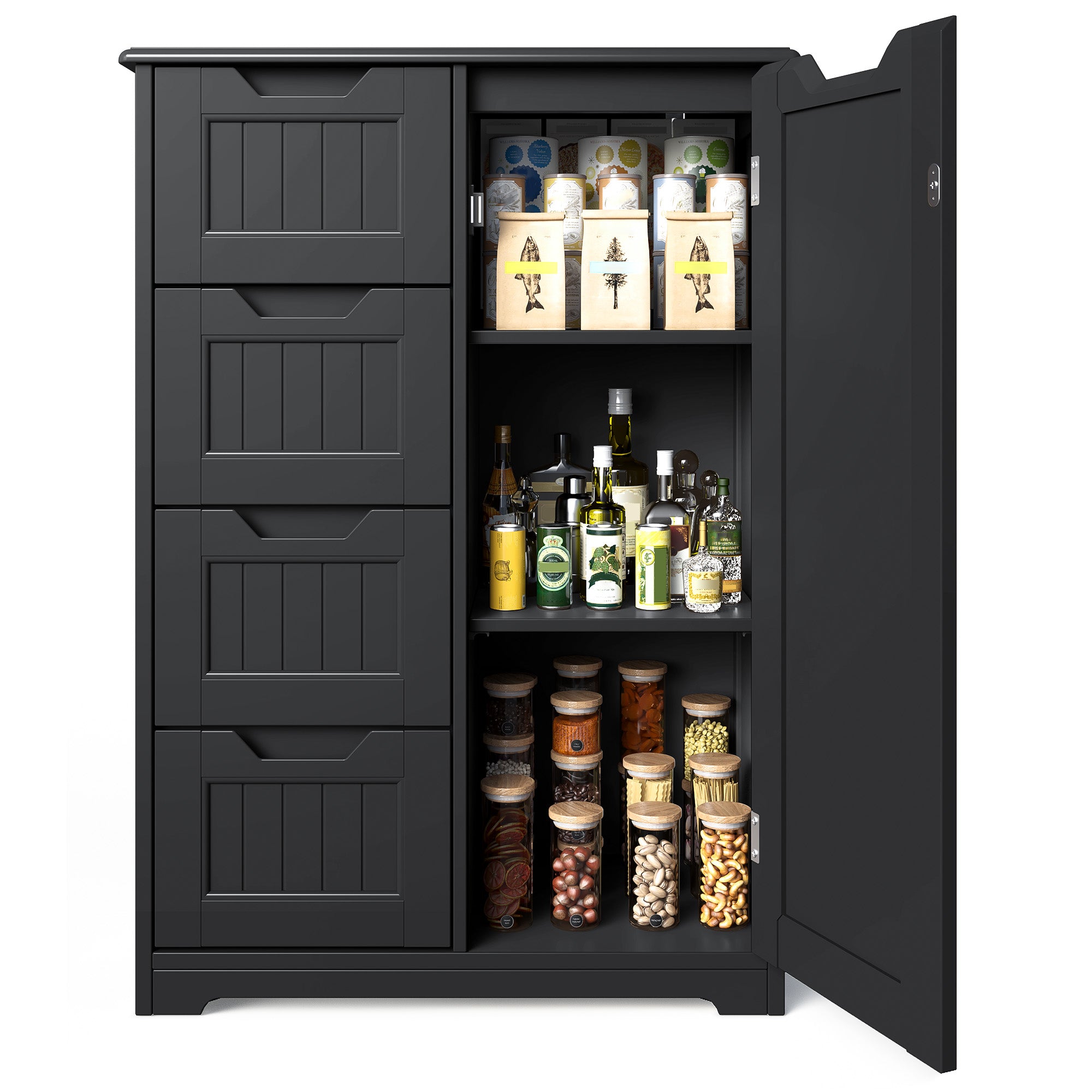 Aiho 33" Freestanding Kitchen Pantry Cabinet with Door, Shelves & 4 Drawers - Wood Storage for Kitchen, Dining Room, Black