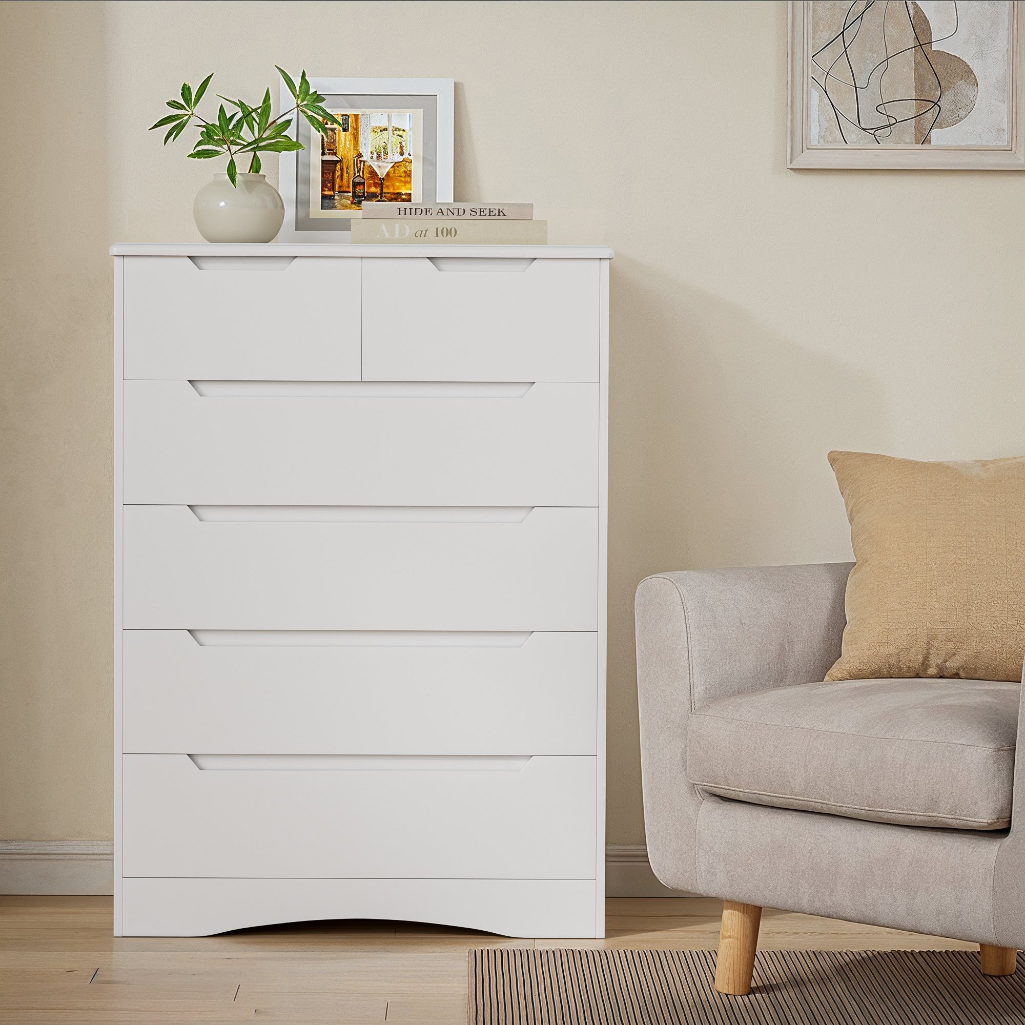 Aiho 6 Drawer Dresser, White Wood Storage Cabinet with Cutout Handles for Bedroom