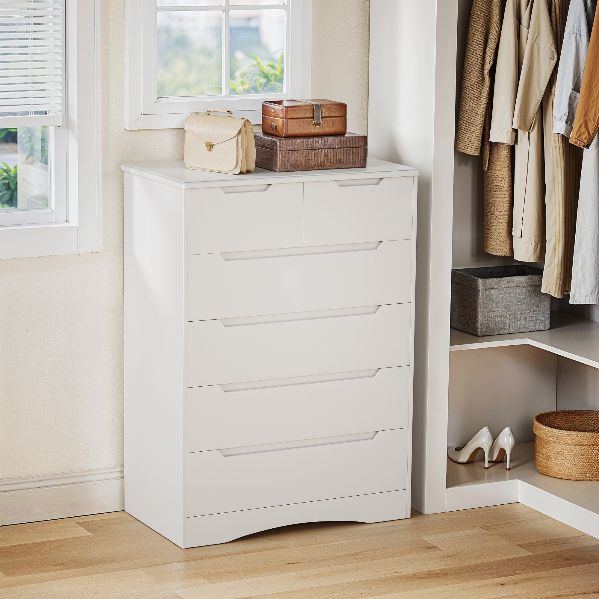 Aiho 6 Drawer Dresser, White Wood Storage Cabinet with Cutout Handles for Bedroom