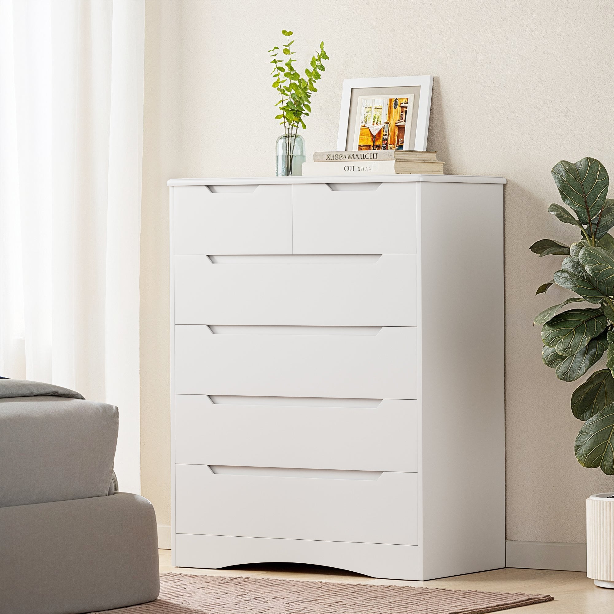 Aiho 6 Drawer Dresser, White Wood Storage Cabinet with Cutout Handles for Bedroom