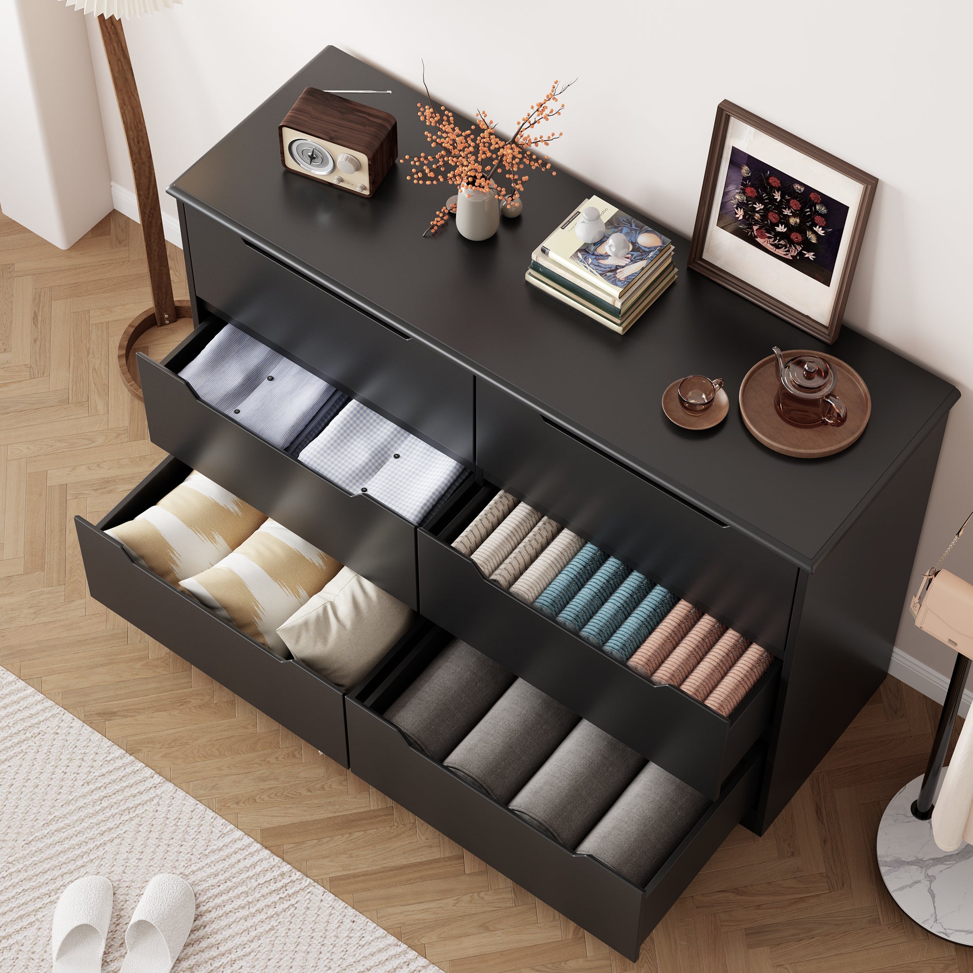 Modern 6 Drawer Double Dresser, Black Wood Chest of Drawers with Cut-O ...
