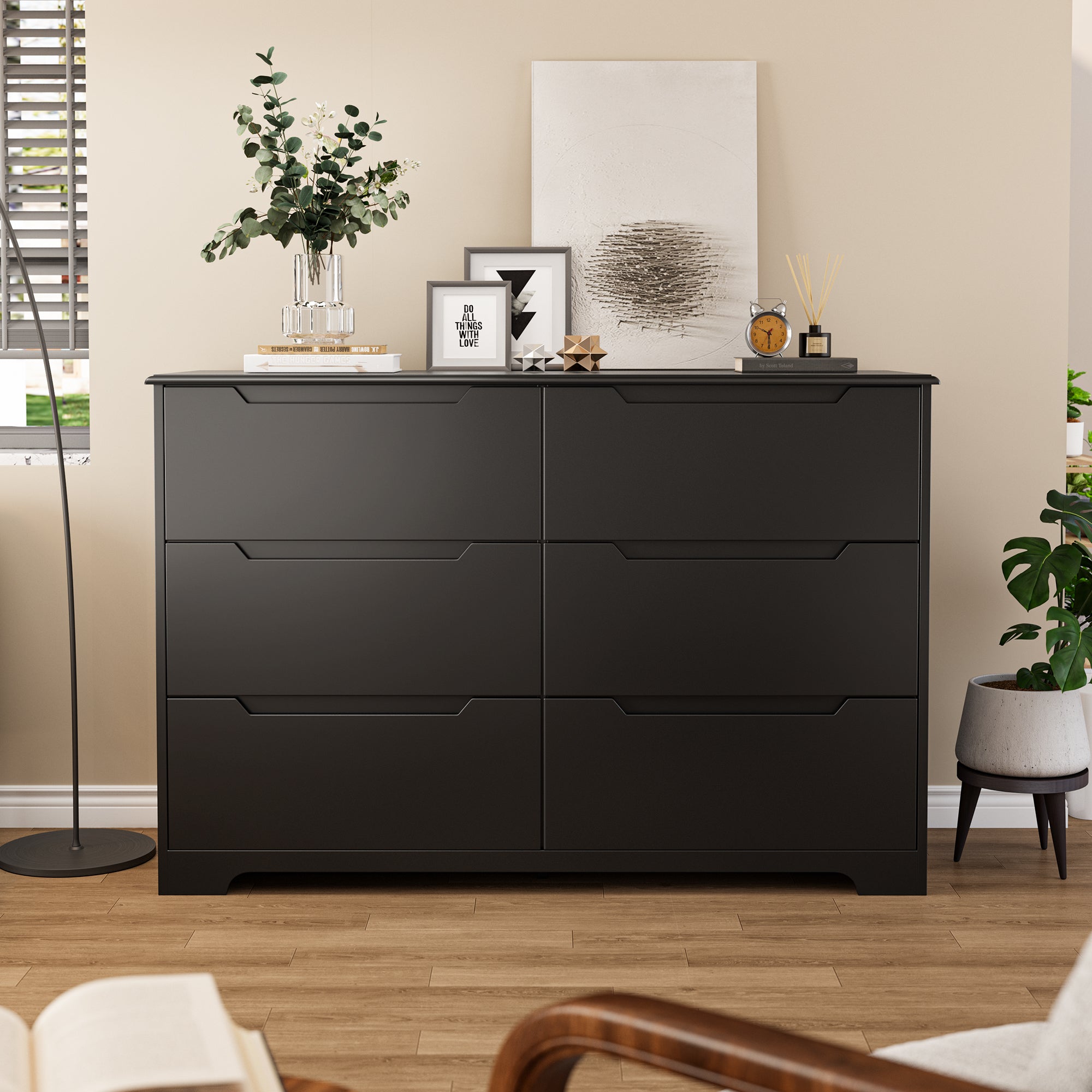 Modern 6 Drawer Double Dresser, Black Wood Chest of Drawers with Cut-O ...