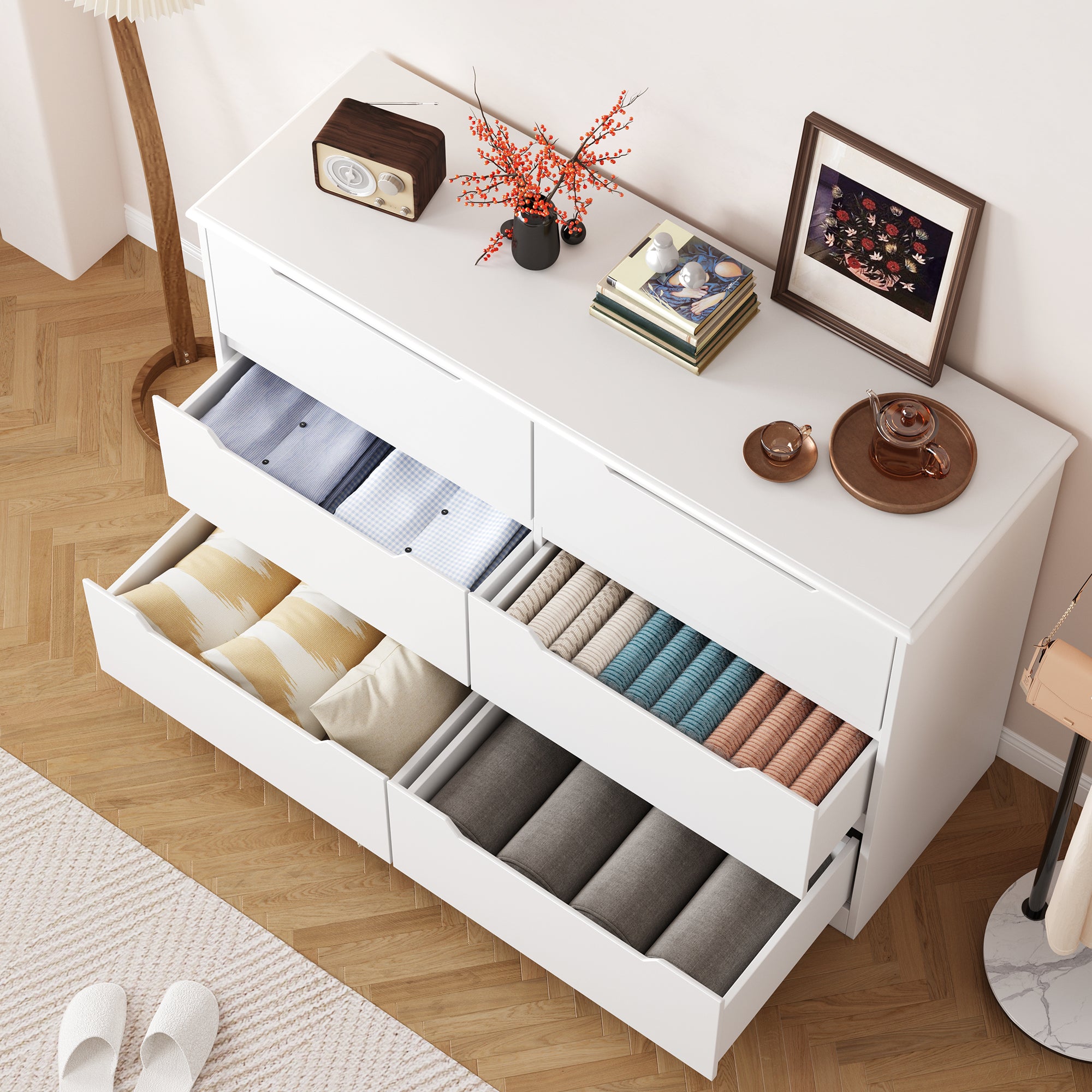 Modern 6 Drawer Double Dresser, White Wood Chest of Drawers with Cut-O ...
