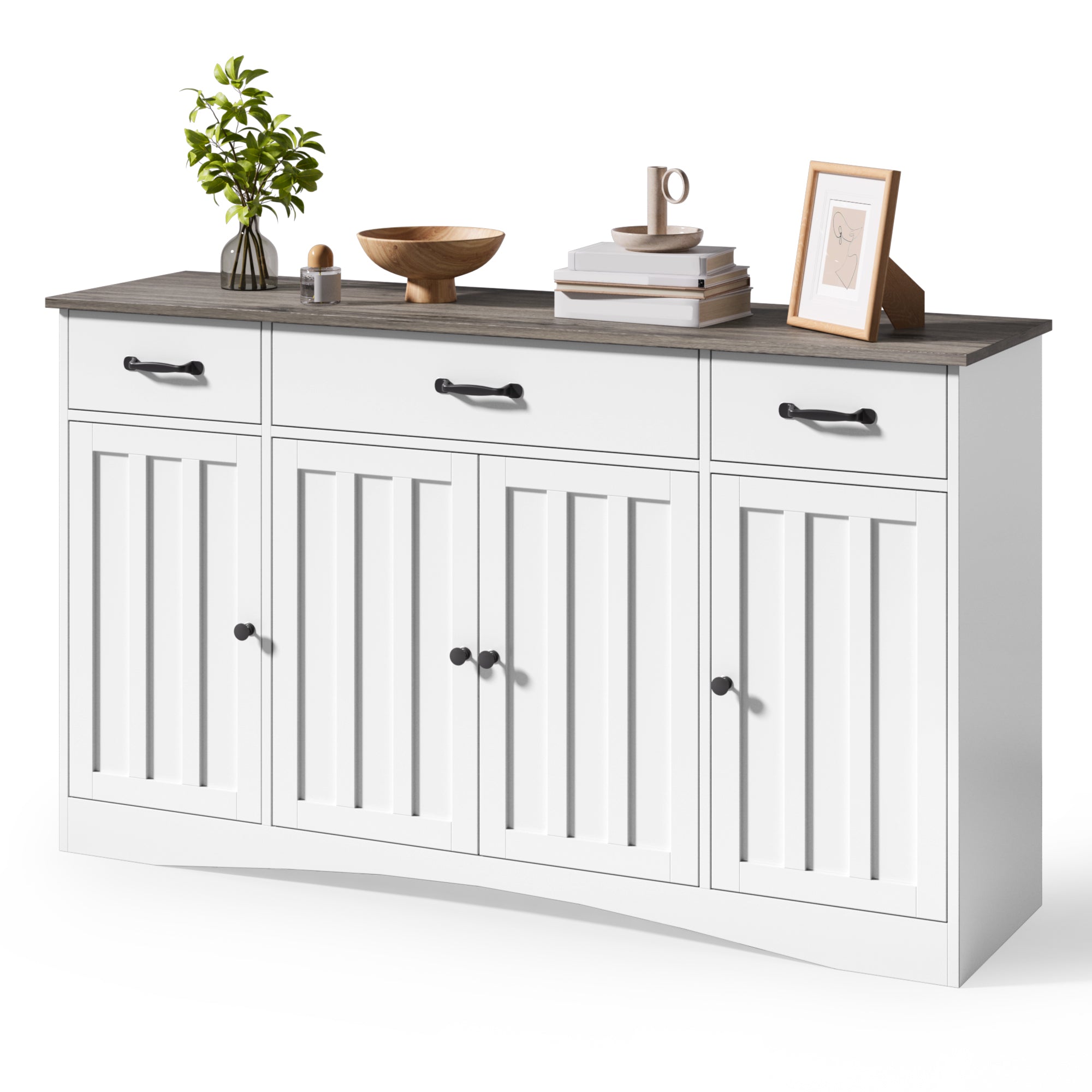 Aiho Sideboard Buffet Cabinet with Storage - Modern Kitchen Coffee Bar & Dining Room Organizer - 55.1”W, White/Gray